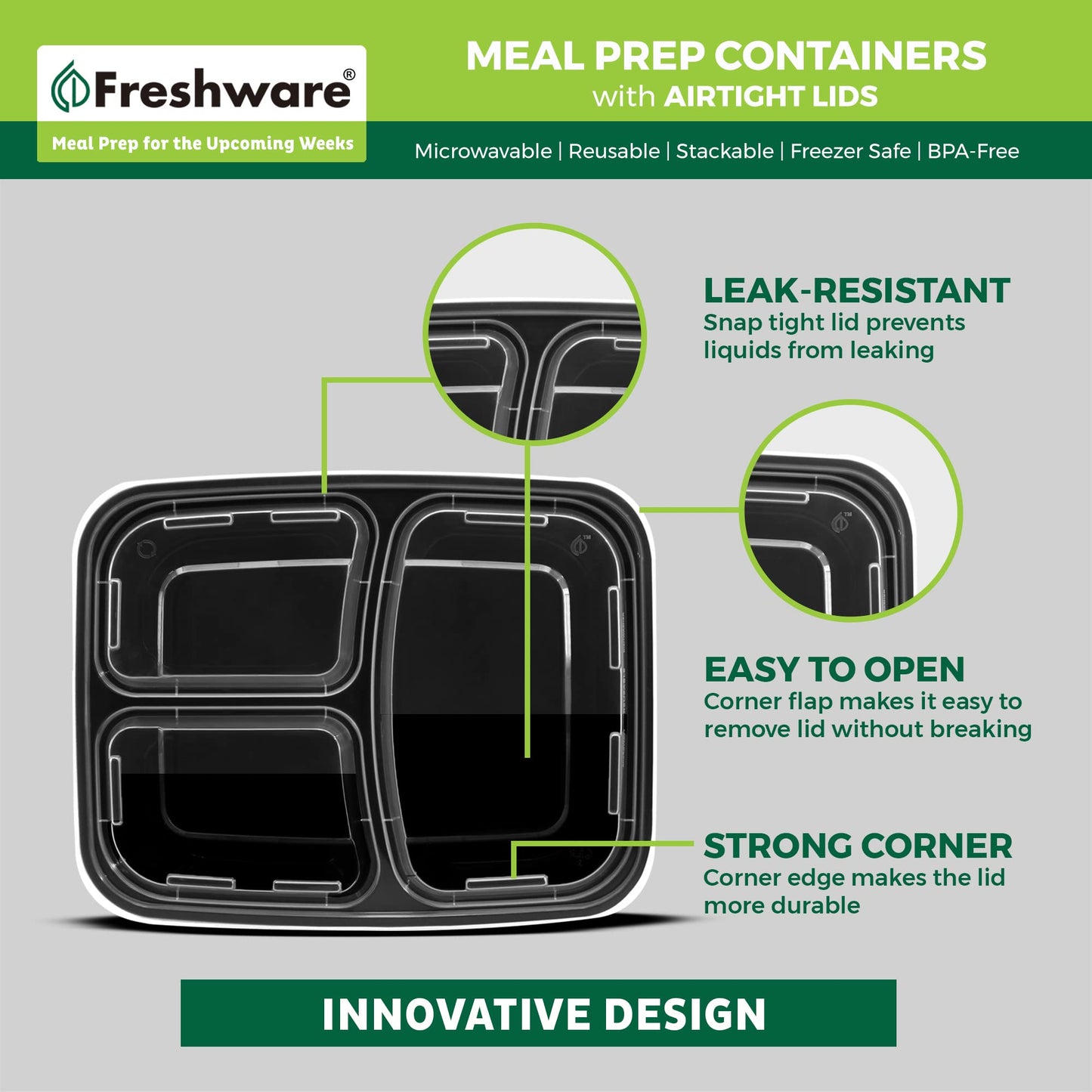 Freshware Meal Prep Containers [150 Pack] 3 Compartment Food Containers with Lids, Bento Box, Stackable, Microwave/Dishwasher Safe (32 oz)