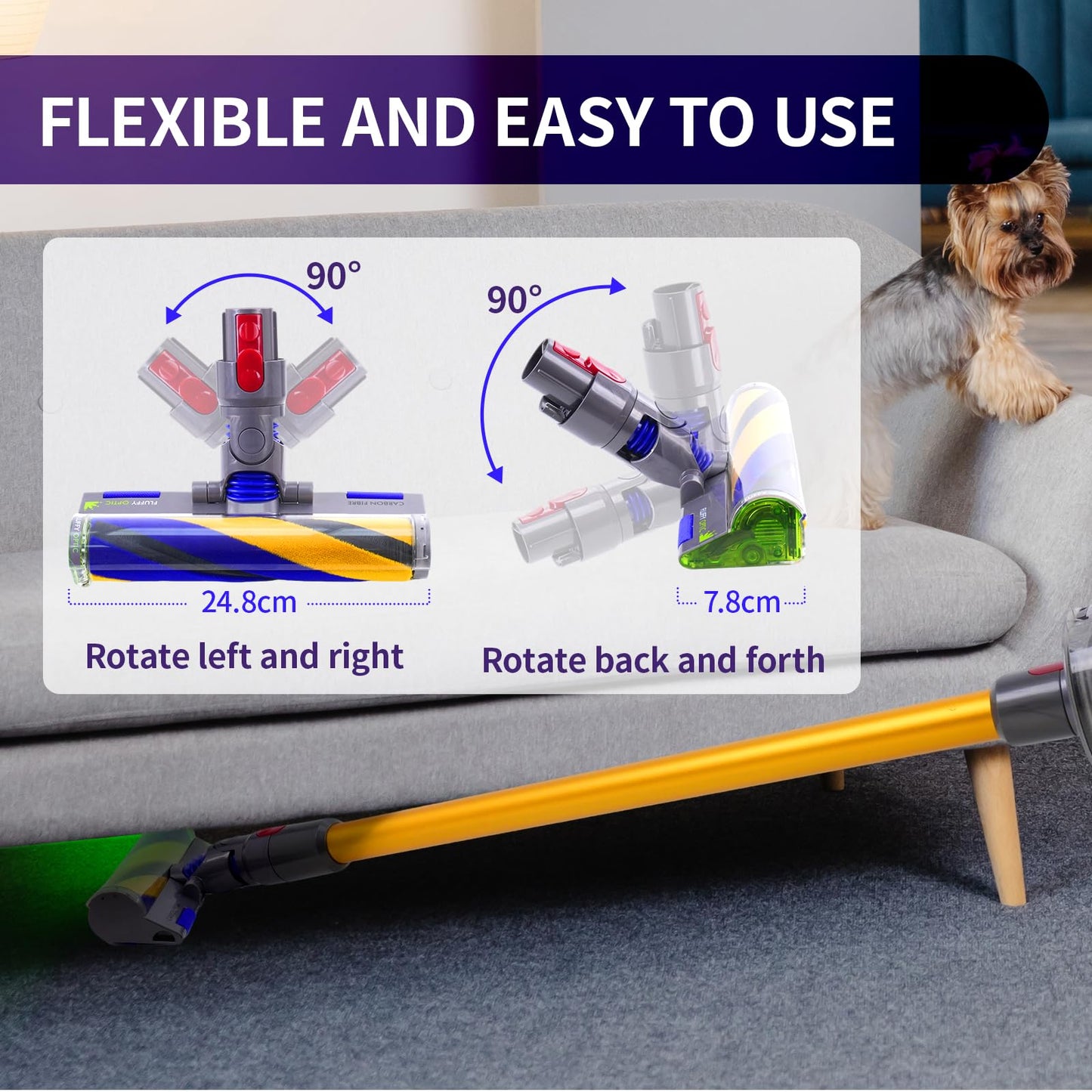 OTTWL V15 Fluffy Optic Cleaner Head Compatible with Dyson V8 V10 V11 V15 Cordless Vacuum Cleaners, Soft Roller Head with LED Green Light, Suitable for Thin Carpets, Hardwood Floor