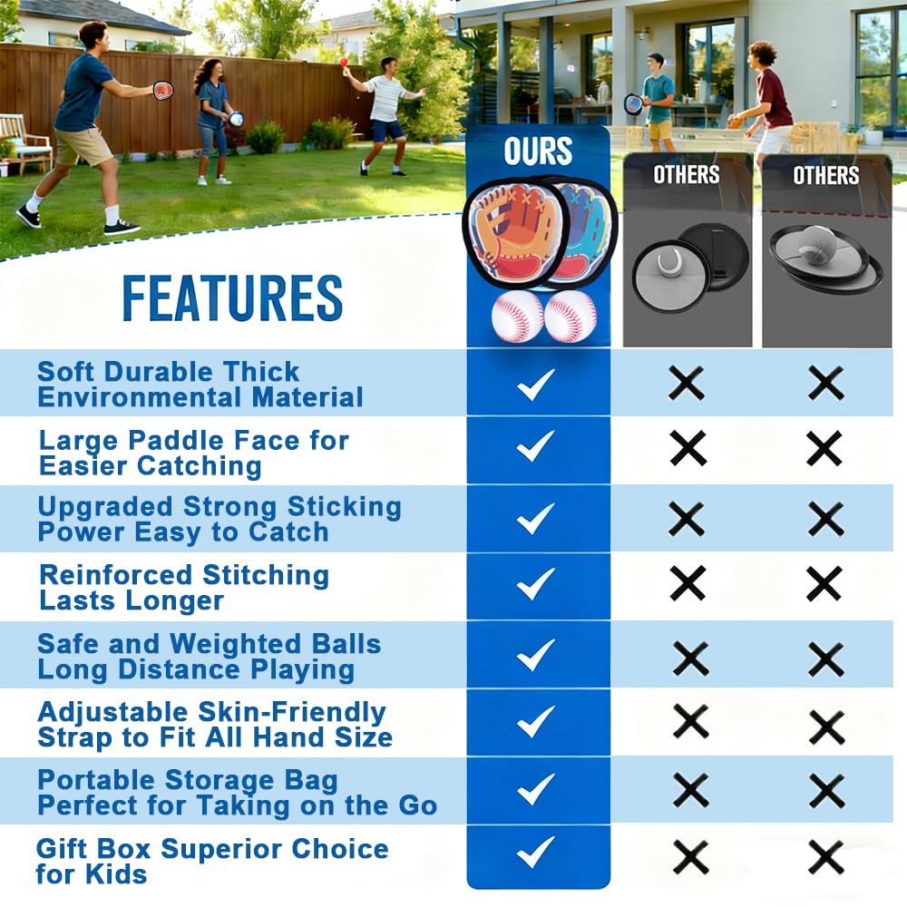 Toss and Catch Ball Game, Kids Toddler Baseball Catch Toy, Outdoor Game for Beach Pool Yard, Birthday Gifts for Boys Girls Age 3-12, 4 Paddles Sticky Ball and Catch Game