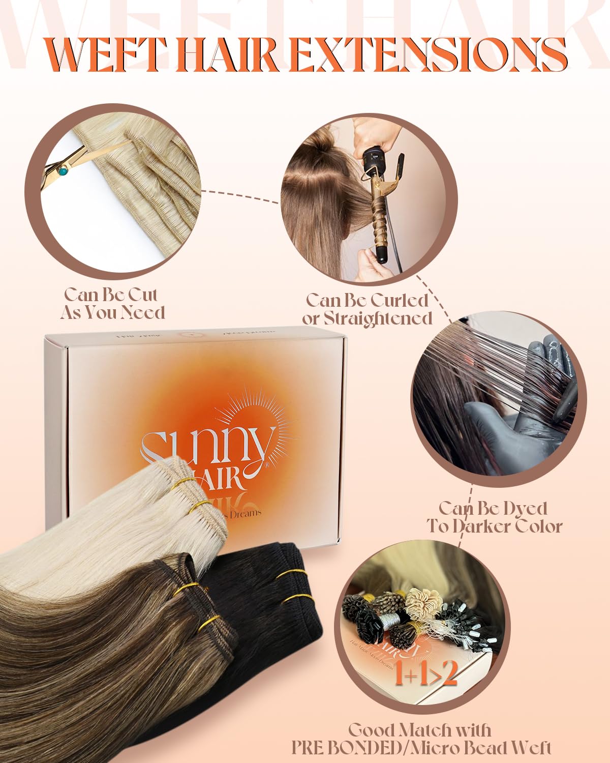 Sunny Weft Hair Extensions Dark Brown with Caramel Blonde Highlights Human Hair Sew in Extensions Brown Weft Hair Extensions Human Hair Brown Blonde Real Hair Bundle for Wedding 20inch 100g