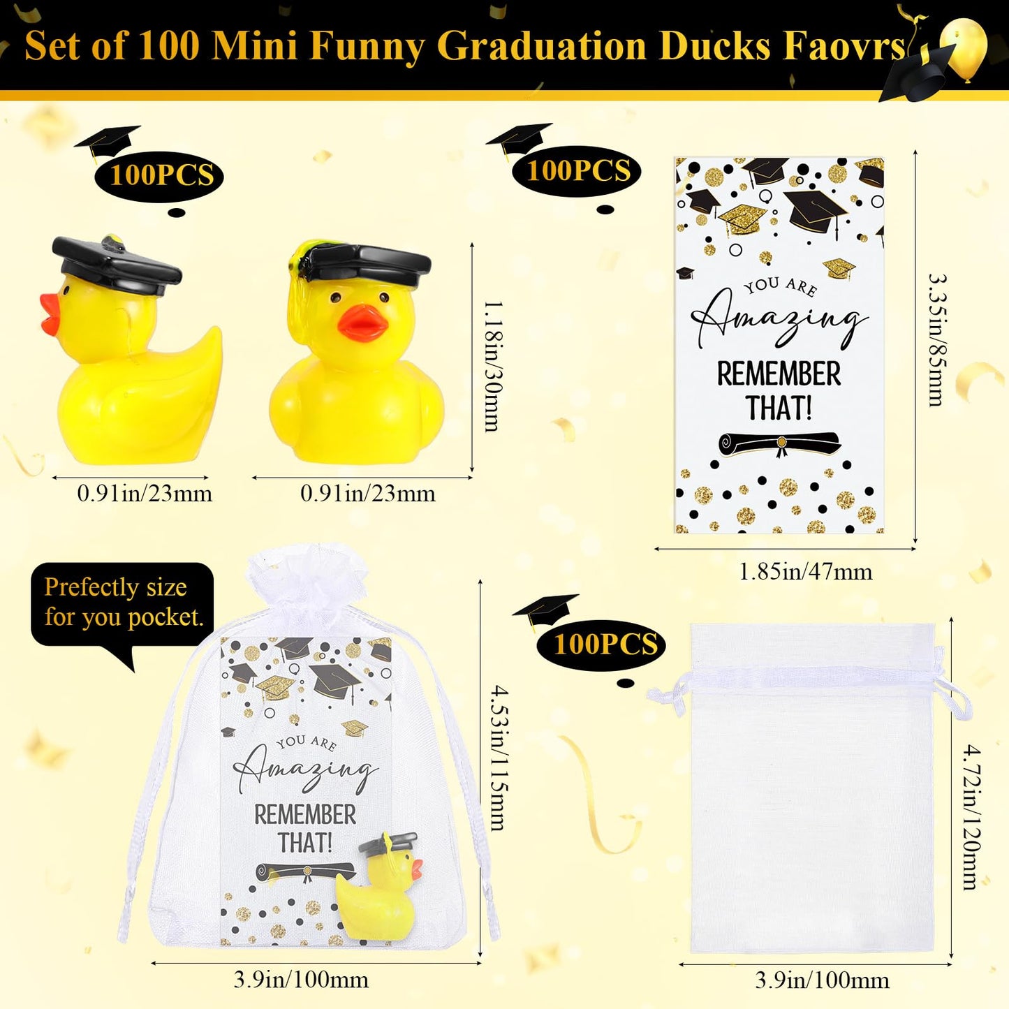 Chunful 100 Sets Class of 2026 Graduation Gifts Resin Ducks Funny Duck with Inspirational Congratulation Cards Organza Bags for School Student College Son Daughter Preschool Graduation Party Supplies