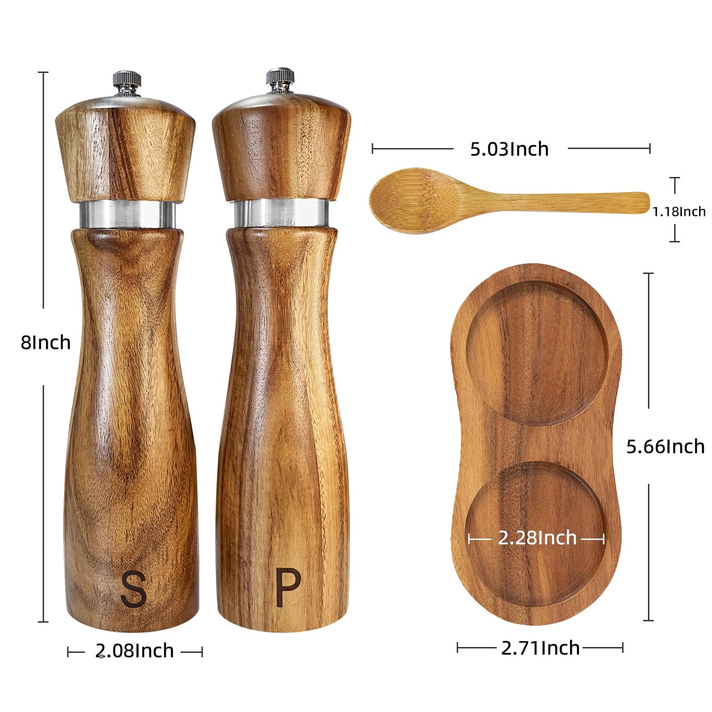 Wooden Salt and Pepper Grinder Set:Pepper Grinder Manual,Adjustable Coarseness,Crafted of Acacia Wood with Ceramic/Stainless Steel Core|Along with Salt&Pepper Mill Tray,Spoon,8in,2pack