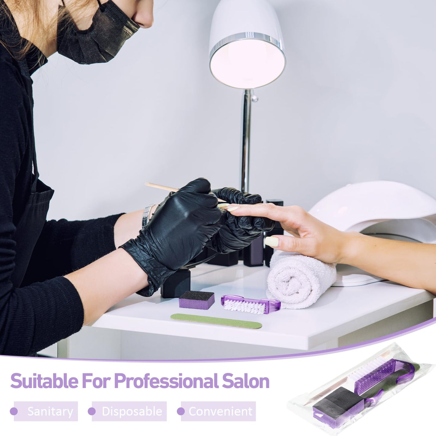 Leriton 100 Sets Professional Disposable Manicure Kit Basics 4 Piece Nail Kit Wood Nail File 100/180 Grit, Mini Buffer 80/100 Grit, Wood Stick and Handle Grip Nail Brush Valentine's Gifts (Purple)