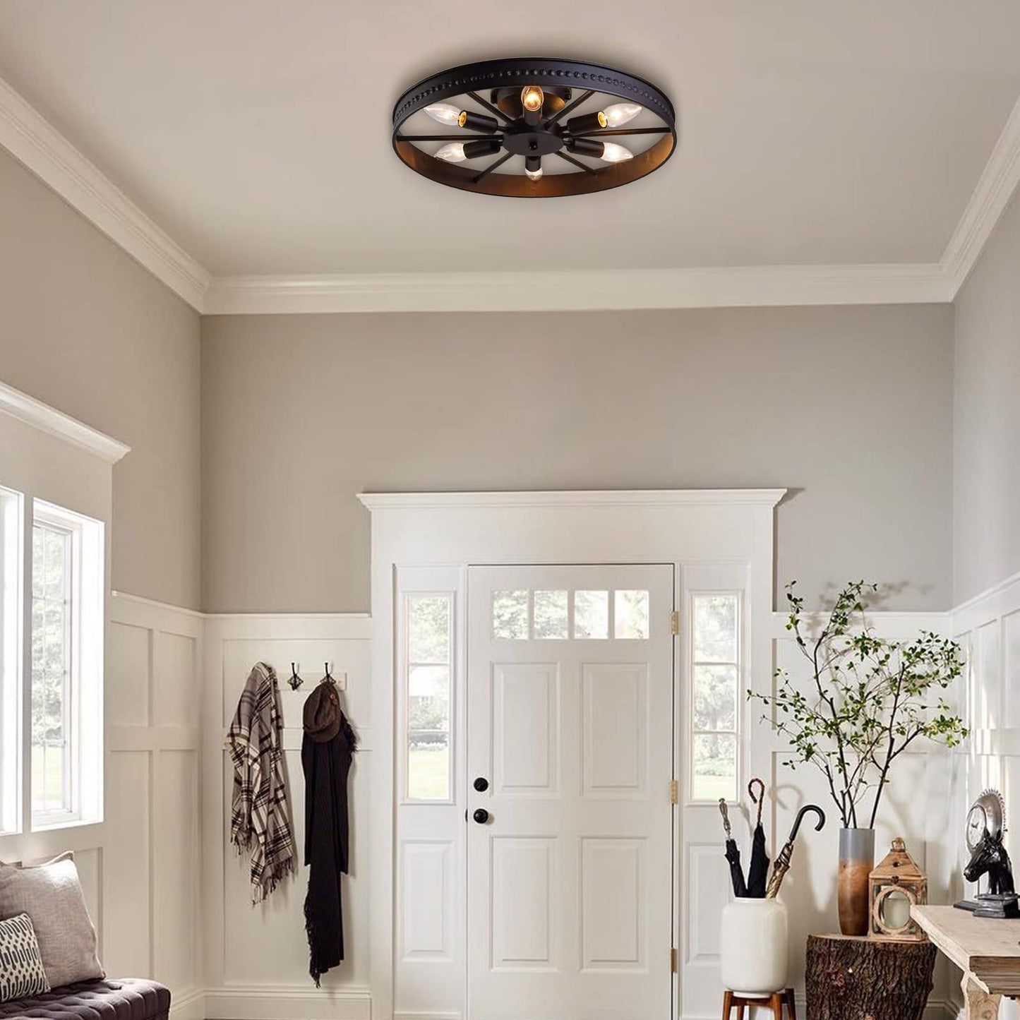KJLARS 6-Lights Rustic Metal Ceiling Light Fixture Black Round Industrial Living Room Light Semi-Flush Mount Farmhouse Chandelier for Kitchen Island Dining Room Entryway Bedroom Hallway