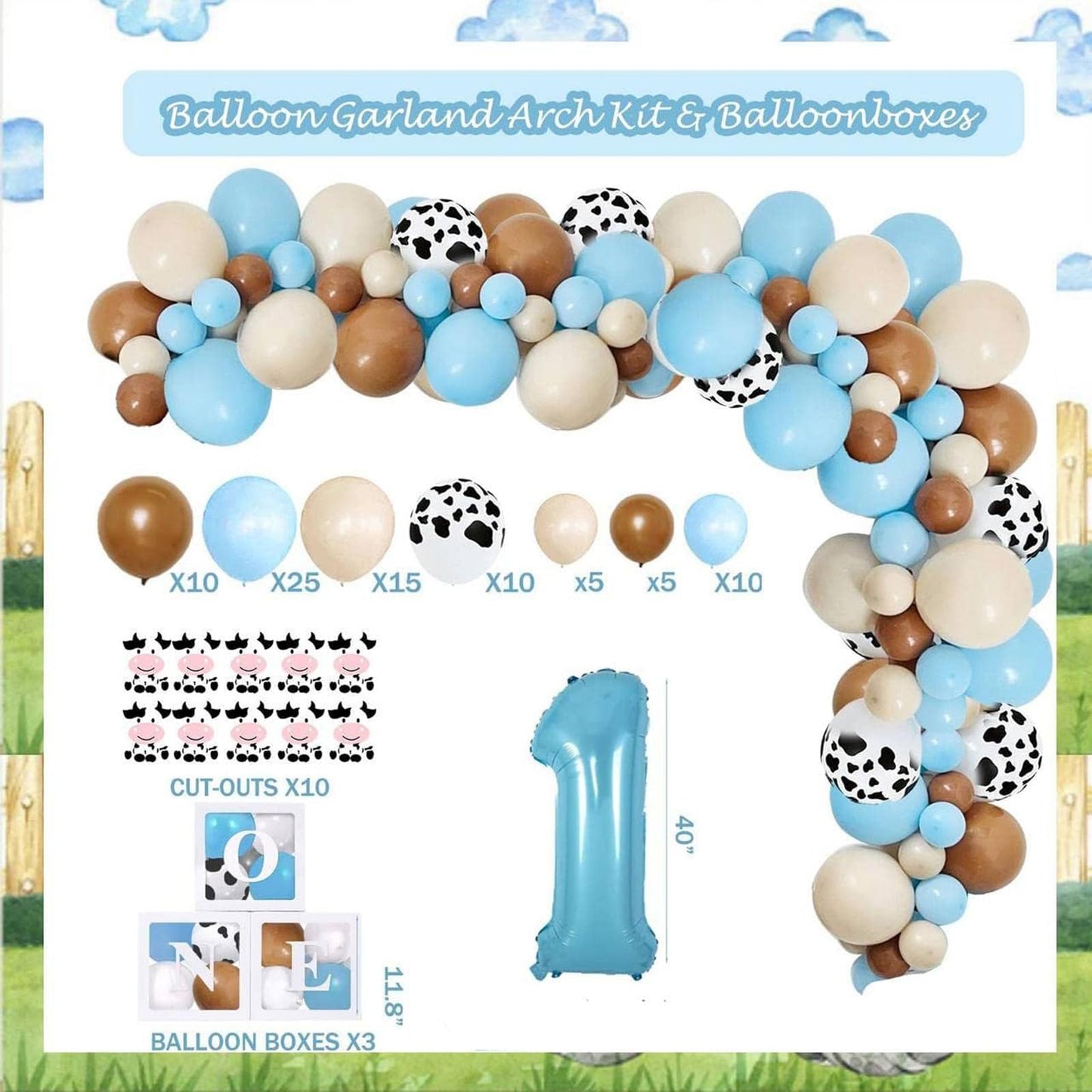 118 PCs Holy Cow Im One Birthday Decorations Boy, Hombae Cow First Party Decorations Backdrop Balloon Garland Monthly Photo High Chair Banner Cake Cupcake Topper Crown Box Poster White Black Blue