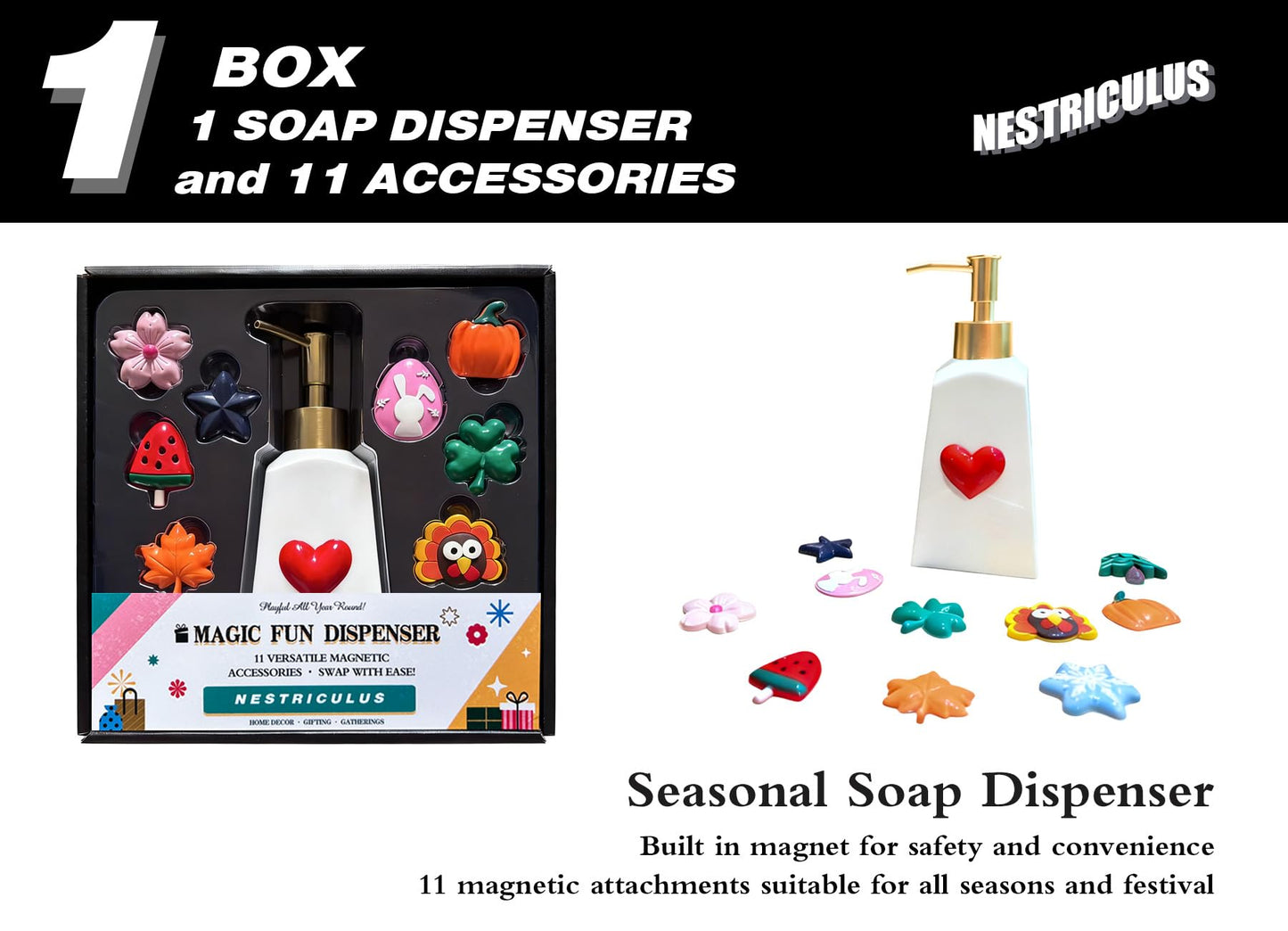 Nestriculus Seasonal Soap Dispenser with 11 Interchangeable Magnets - Seasonal Decor - Farmhouse Bathroom Kitchen Decor (Resin,Built in Magnet) - 8.82oz (Gold)