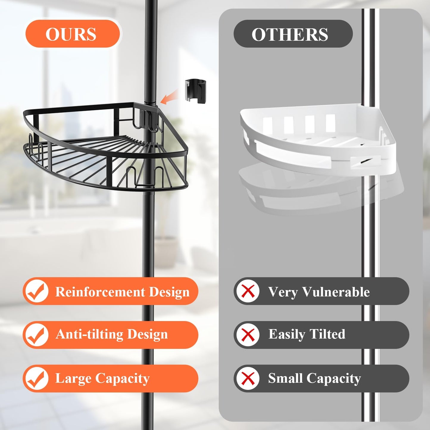 Peyulia 4-Tier Rustproof Corner Shower Caddy with Tension Pole, 42-115 Inch Adjustable Height Shower Organizer, Shower Shelves with Hooks, Freestanding Bathroom Organizer - Black
