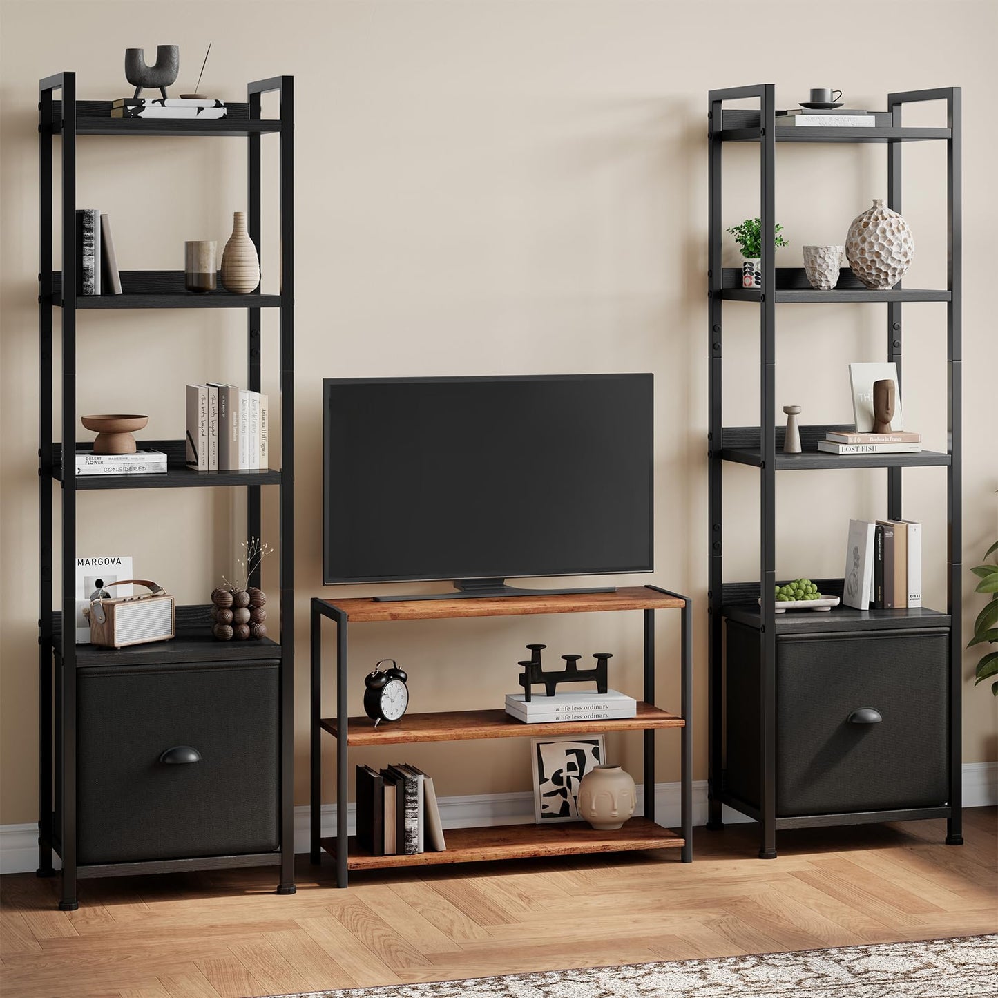 DUMOS 5 Tier Bookshelf with Fabric Drawer, Tall Industrial Bookcase, Narrow Display Standing Shelf, Wood and Metal Storage Shelf Organizer in Bedroom, Living Room, Modern Black
