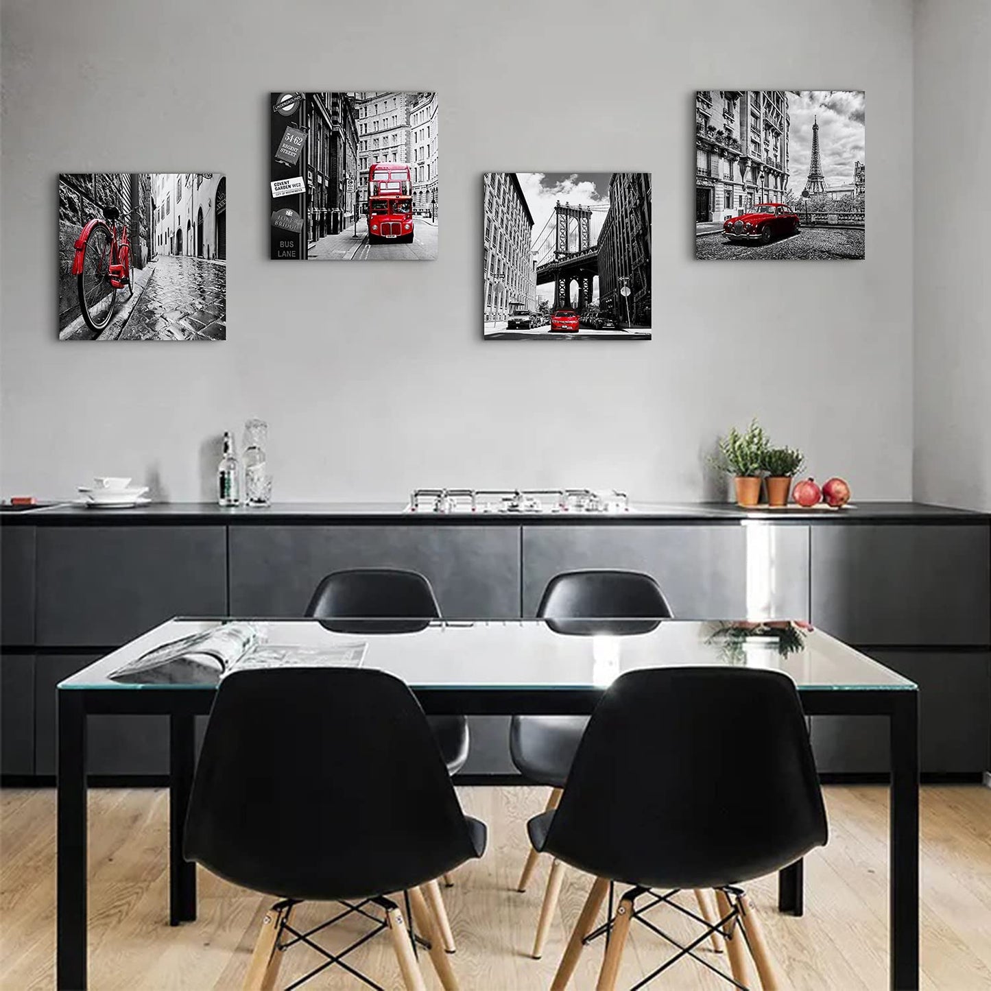 Black and White Canvas Wall Art Bedroom Decor Red City Landscape Pictures Prints Modern Artwork for Living Room Paris New York London Rome Contemporary Painting Kitchen Office Home Decorations 20x20"