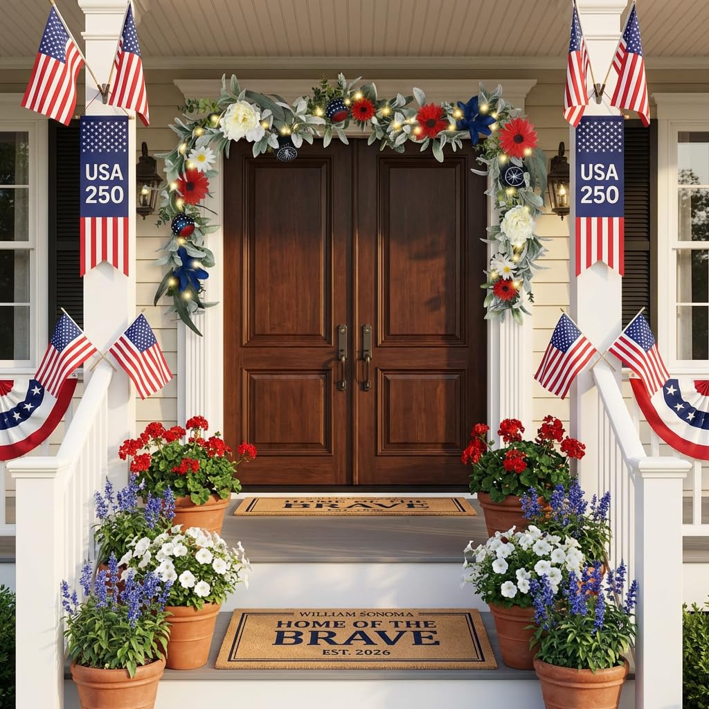 Valery Madelyn 6FT 4th of July Garland with Lights for Mantle, Red White Blue Patriotic Floral Garland Memorial Day Decorations with Ball Ornaments for USA 250th Anniversary Summer