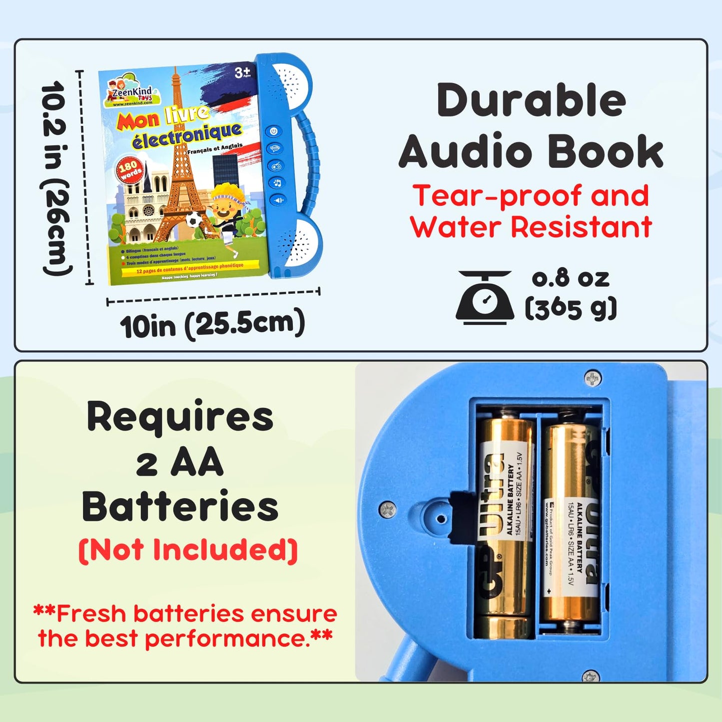 ZeenKind French English Talking Learning Book for Kids 2 3 4 5 6 Years Old, Learn French Interactive Audio Sound Books for Toddlers, Francais Educational Electronic Toys, Bilingual Musical Toy