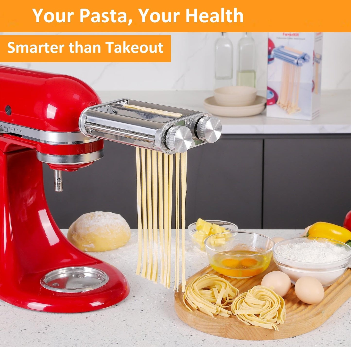 FavorKit Pasta Maker Attachment for KitchenAid Stand Mixers,Sturdy 3 in 1 Set Included Pasta Sheet Roller, Spaghetti and Fettuccine Cutter Accessories-Unique Design
