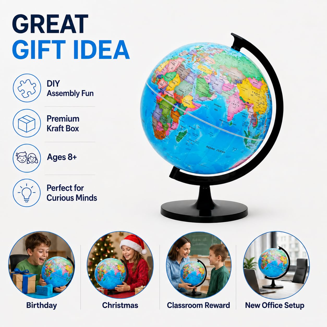 Exerz 12" World Globe - Political Map Educational - Self Assembled School Globe for Classroom