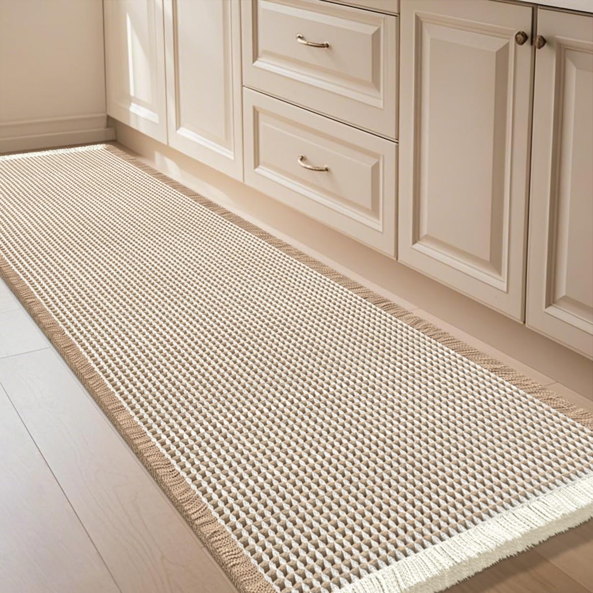 IM HOME Extra Large Waffle Bath Mat Brown & Cream 6'x2', Boho Woven Modern Bath Mat Rugs, Absorbent Non Slip Bathroom Rugs, Soft Washable Bath Rugs with Tassels for Bedroom, Kitchen, Shower, Tub