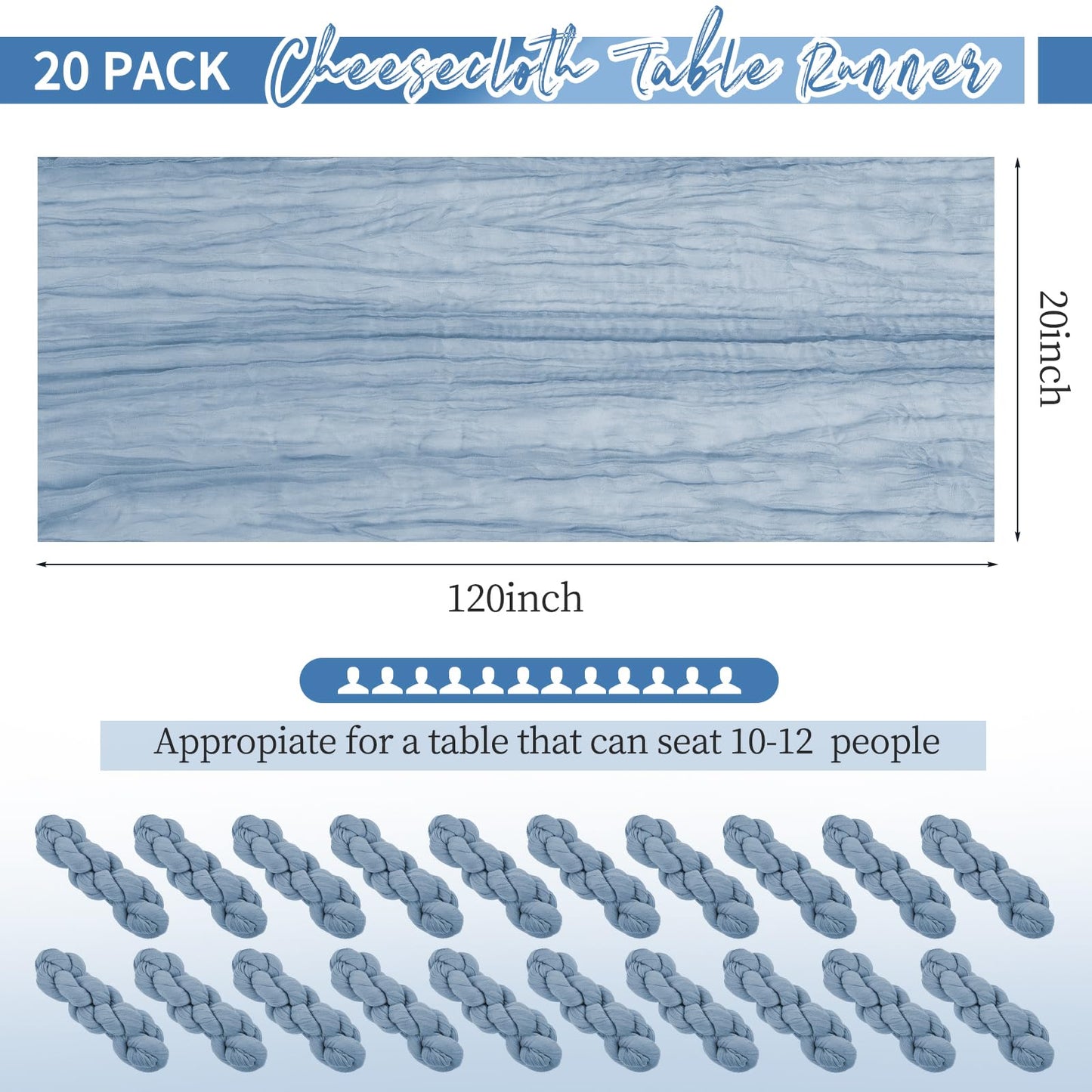 20 Pack Dusty Blue Table Runner 10Ft Cheesecloth Table Runner Boho Gauze Cheese Cloth Table Runners Romantic Long Sheer Fabric Table Runners for Wedding Party Bridal Shower