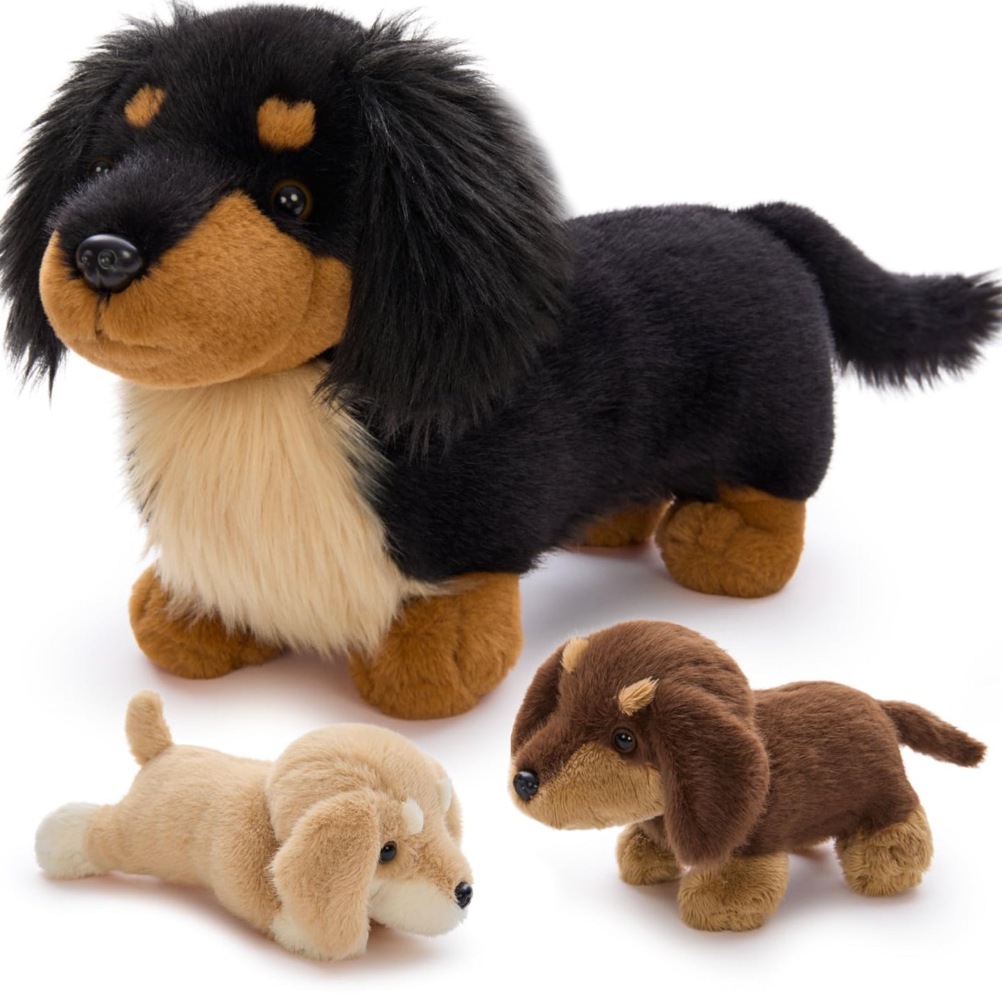MorisMos 20'' Large Sausage Dog Stuffed Animal Mommy with Baby Puppy Toys for Kids, 3Pcs Realistic Long Hair Sausage Toys for Girl Boy Birthday Christmas