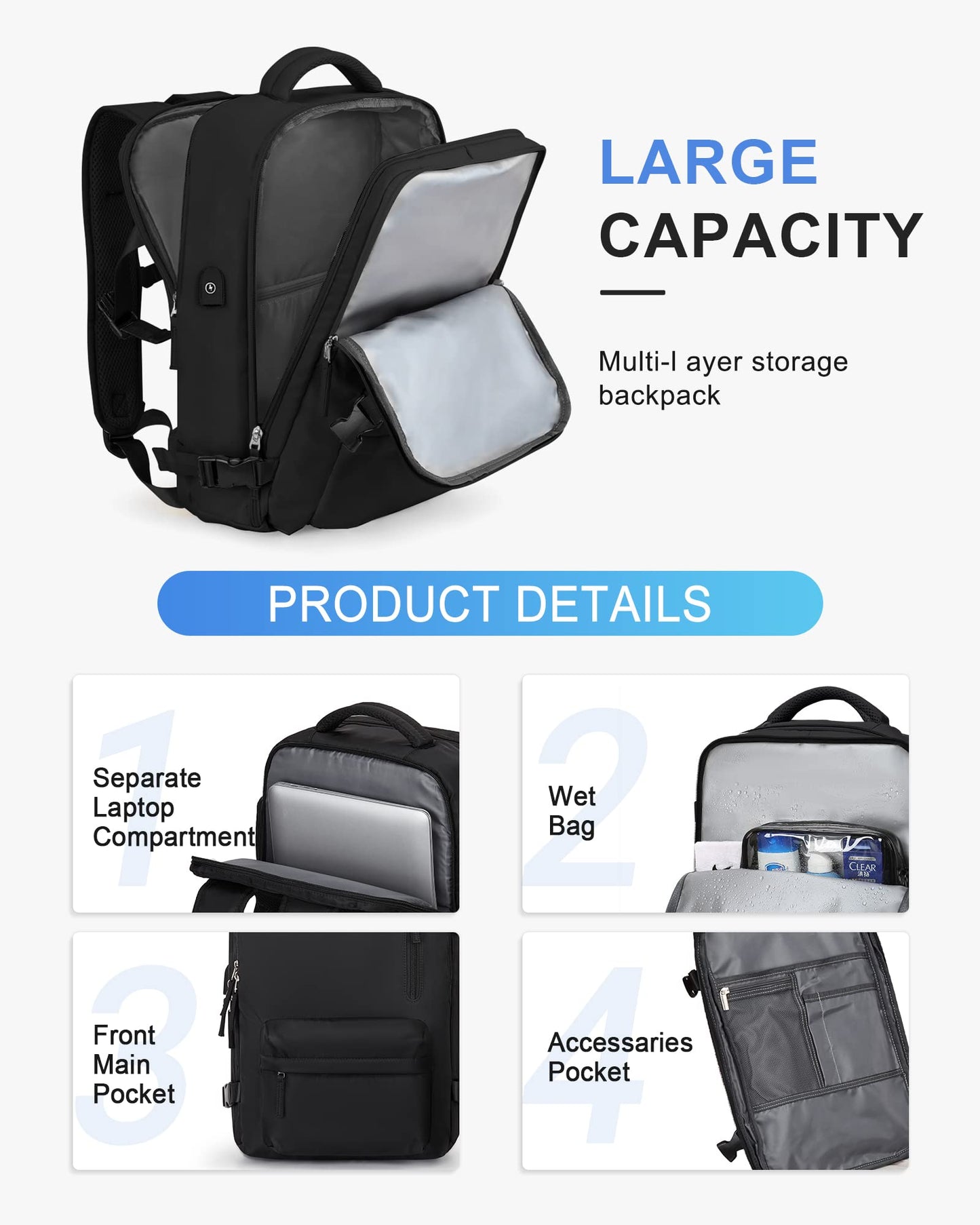 VECAVE Carry On Backpack for Women,Large Travel Backpack Flight Approved,Waterproof 17 Inch Laptop Backpack Business Work Backpacks Men Mochila De Viaje Black