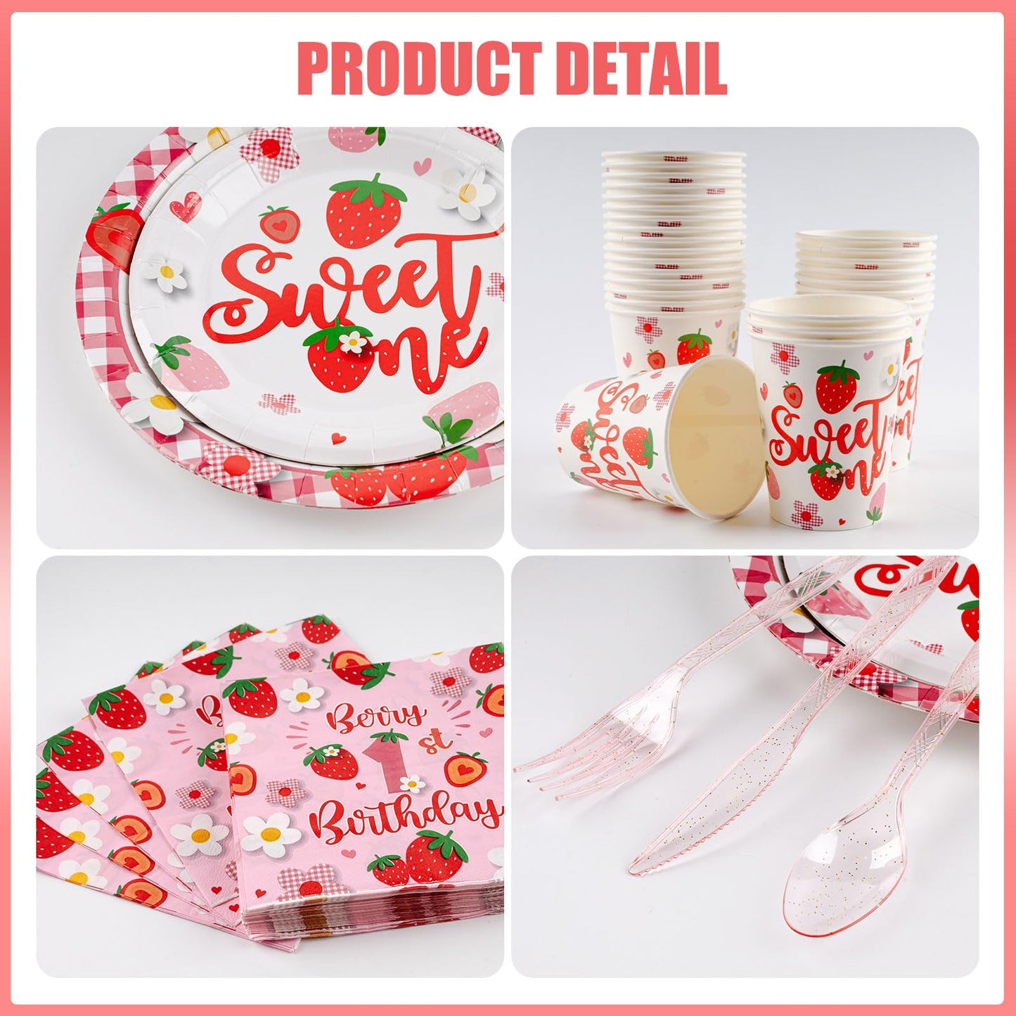350 PCS Strawberry 1st Birthday Decorations for 50 Guests,Berry First Birthday Plate and Napkin Sets nclude Paper Plate, Napkin, Cup and Disposable Plastic Cutlery