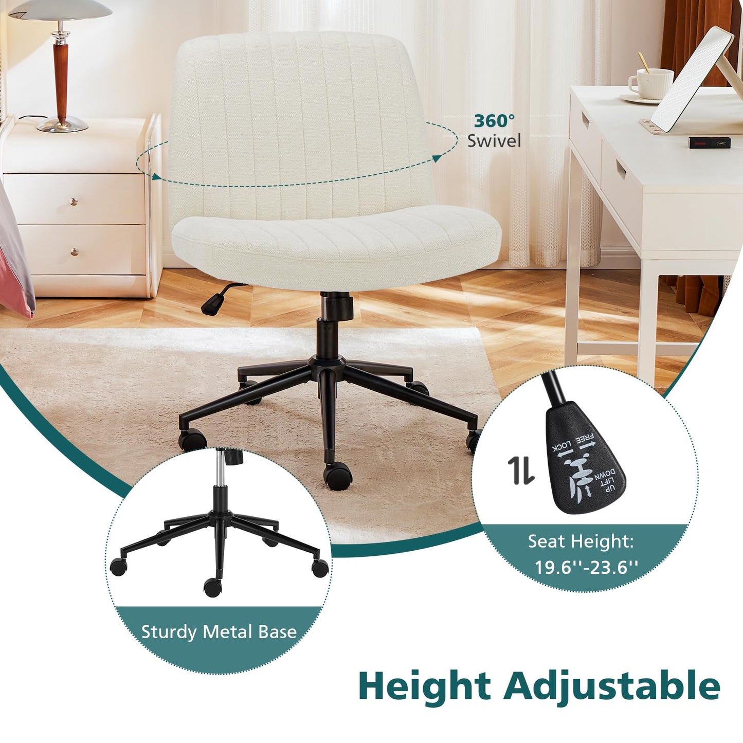 OLIXIS Criss Cross Chair with Wheels Wide Cross Legged Office Desk Vanity Chair Comfy Fabric Armless Adjustable Swivel for Home Computer Task Fabric Beige