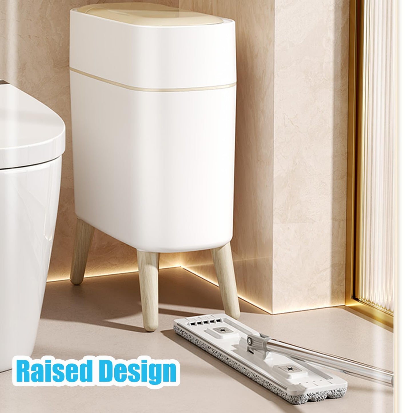 Yatmung Motion Sensor Bathroom Trash Can with Lid 2.5 Gal Smart Trash Bin - Waste Basket for Bedroom, Office, Living Room - Slim Bathroom Garbage Can Automatic Touchless - White with Wooden Legs