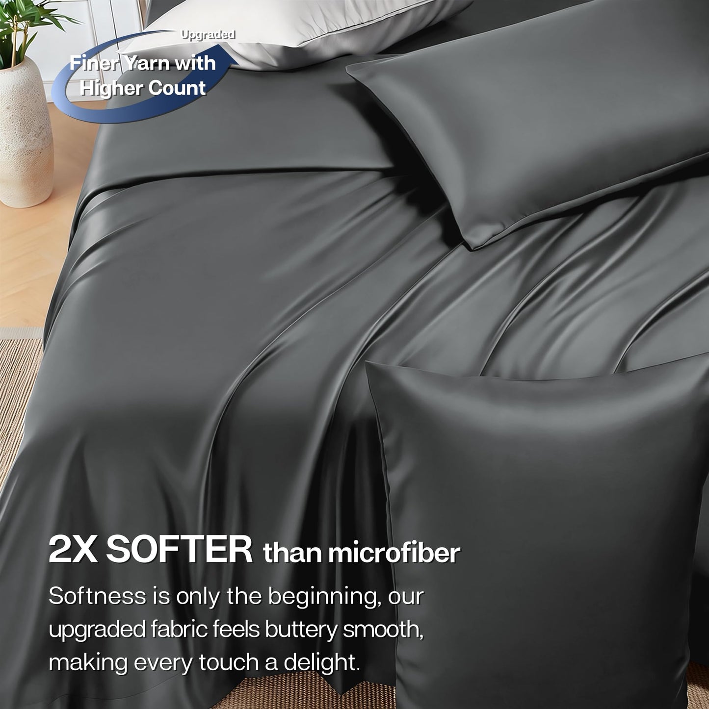 MR&HM Queen Sheet Set, 4-Piece Cooling Sheets, Rayon Derived from Bamboo & Polyester Blend, Soft & Silky, 15" Deep Pockets with Elastic Straps, Hotel Luxury for Hot Sleepers, Dark Grey