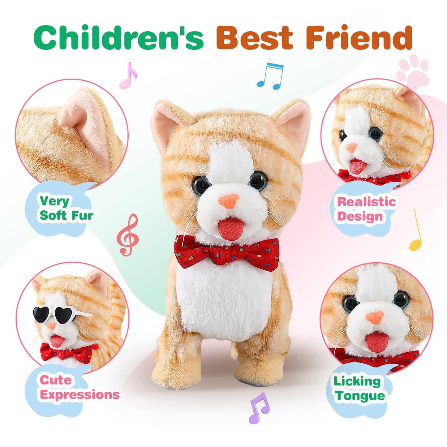 Yellow Pattern Leash Walking Cat Set Interactive Talking Toy Singing Dancing Kitten Mimicking Repeat What You Say Kitty Touch and Voice Control Nodding Wagging Tail Plush Electric Robot for Kid Girl