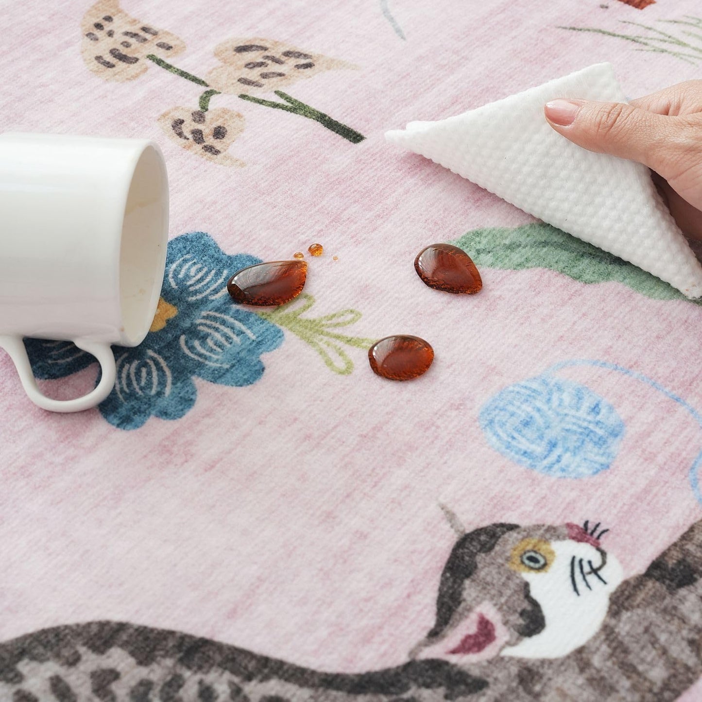 Rugcomf Living Room Rug 5x7 Rug Machine Washable Boho Area Rug Non Slip Floral Animal Cat Vintage Low Pile Large Rugs for Living Room Bedroom Farmhouse Dining Room Kids Playroom, Pink