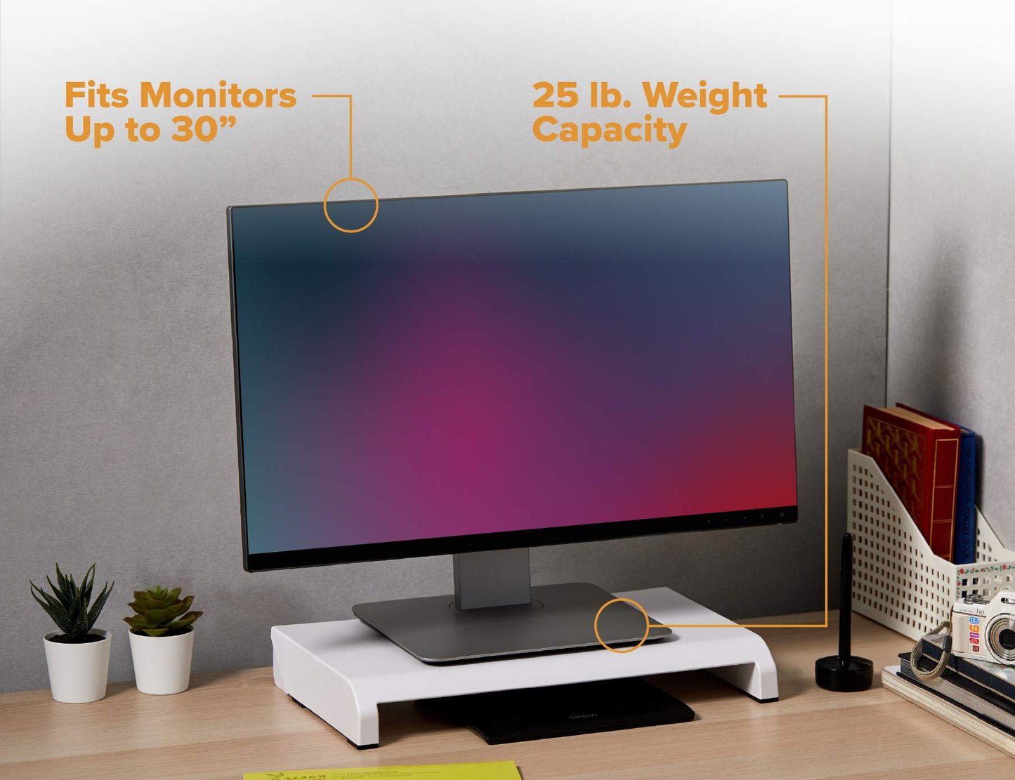 Bostitch Office Konnect Adjustable Monitor Stand Riser, 4 Height Adjustments, Built-In Cable Management, Rubber Feet - White