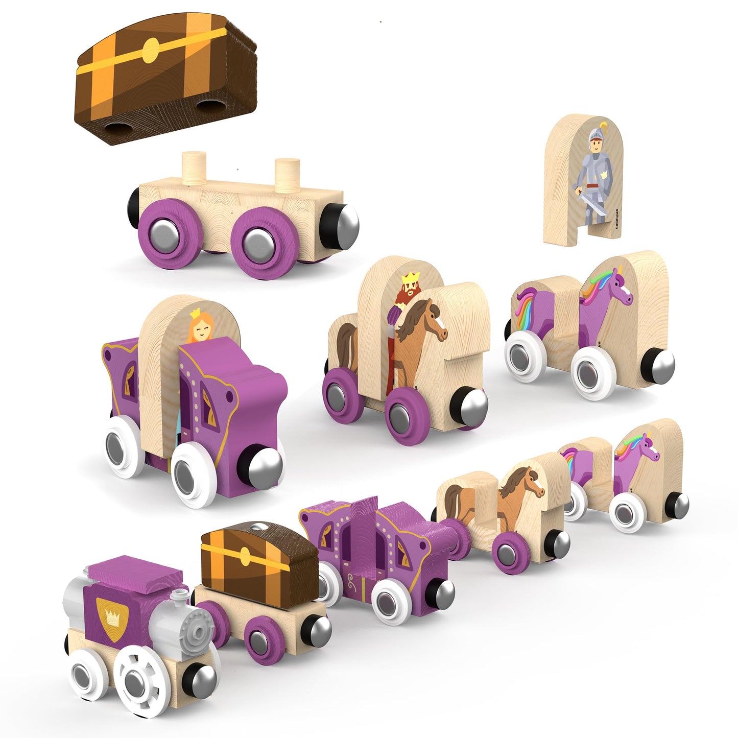 ORBRIUM 68 Pcs Fantasy Kingdom Adventure Wooden Train Set in Wooden Storage Box Unisex Children Toys Girls Boys 3 4 5 6 7 Years Compatible with Thomas, BRIO, Melissa and Doug, Imaginarium, IKEA