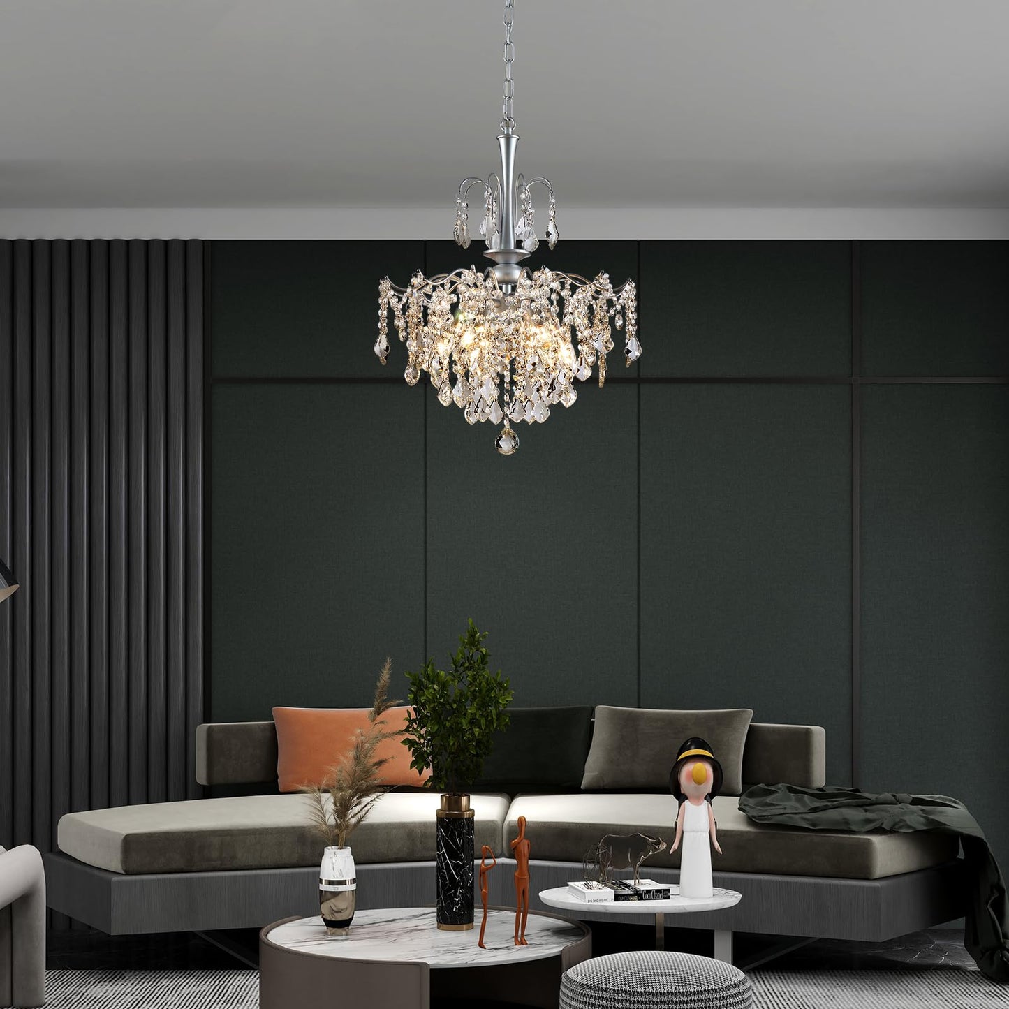 Uiimeces Modern Crystal Chandelier, Chrome Candle Chandeliers for Dining Room Lighting Fixtures Hanging, Kitchen Ceiling Hanging Pendant Light for Bedroom Living Room Kitchen Island Hallway