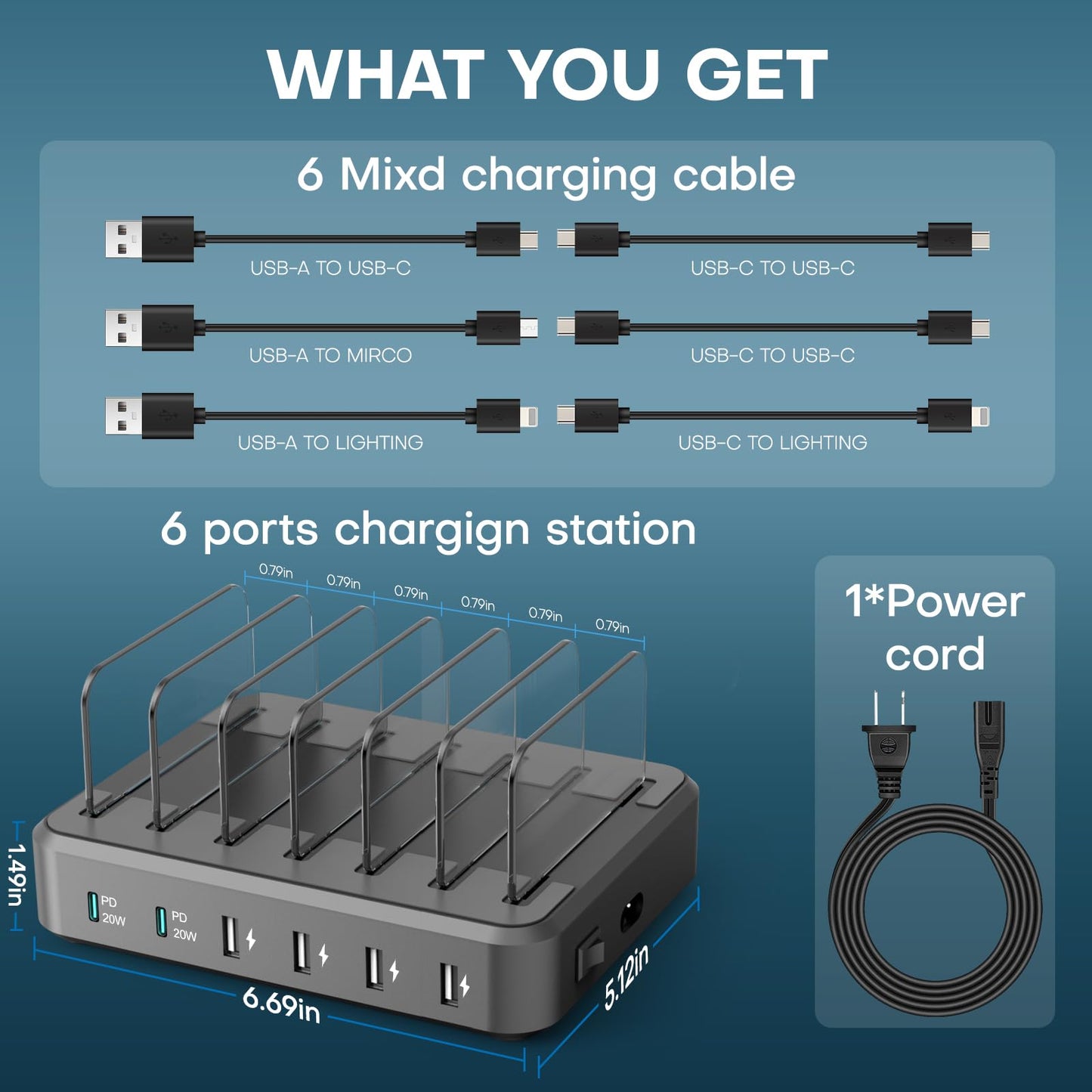Charging Station for Multiple Devices,65W 6 Port USB C Charger Station with 2 20W PD USB C Port, 6 Short Cables Included,Compatible with iPhone iPad,Tablets Android and More (Black)