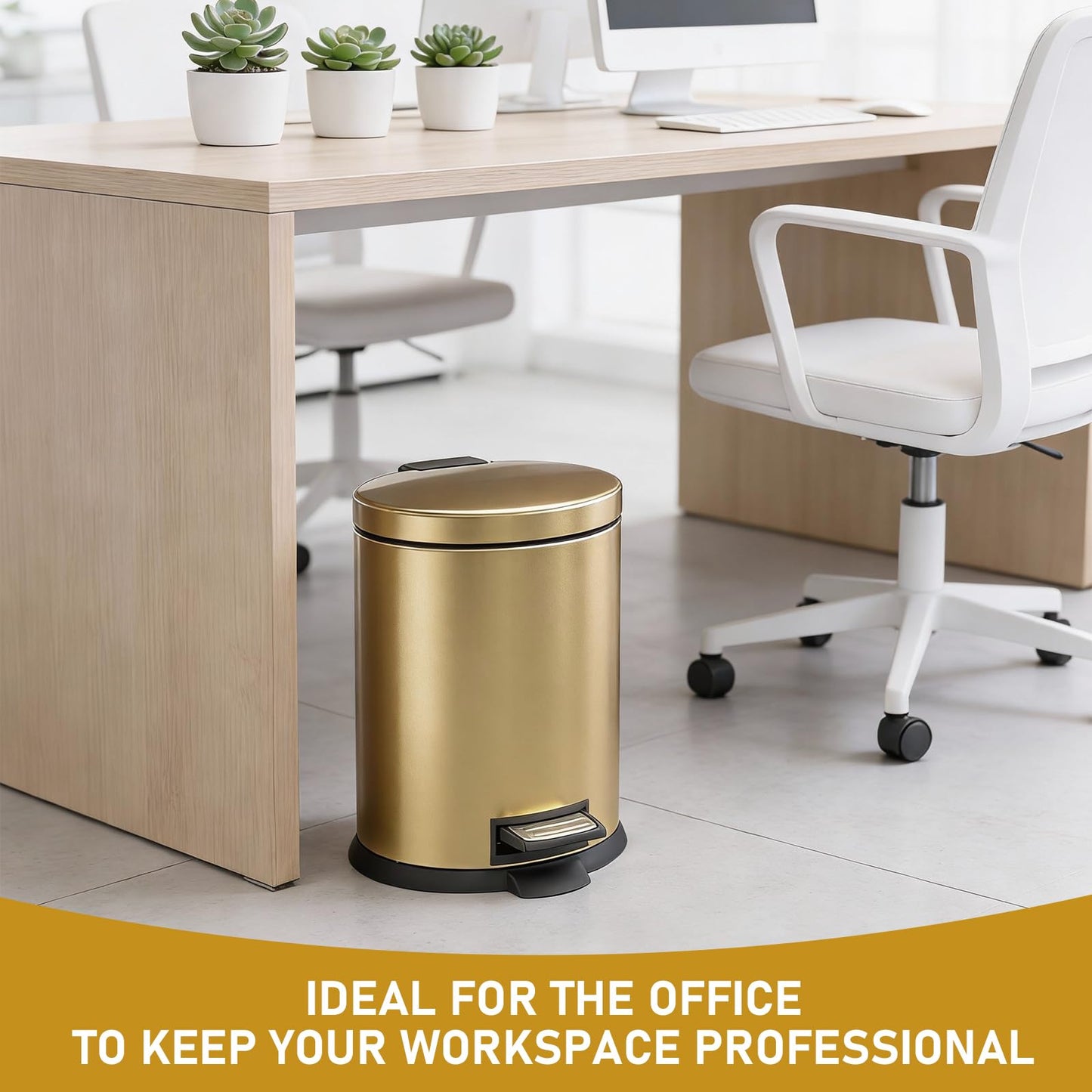 SIMPLYKLEEN Bathroom Trash Can with Lid - 2PC 1.3 Gallon/ 5L Oval Small Trash Can with Soft-Close Lid, Foot Pedal, Brushed Stainless Steel, Removable Liner, Garbage can for Kitchen, Office, Home Gold