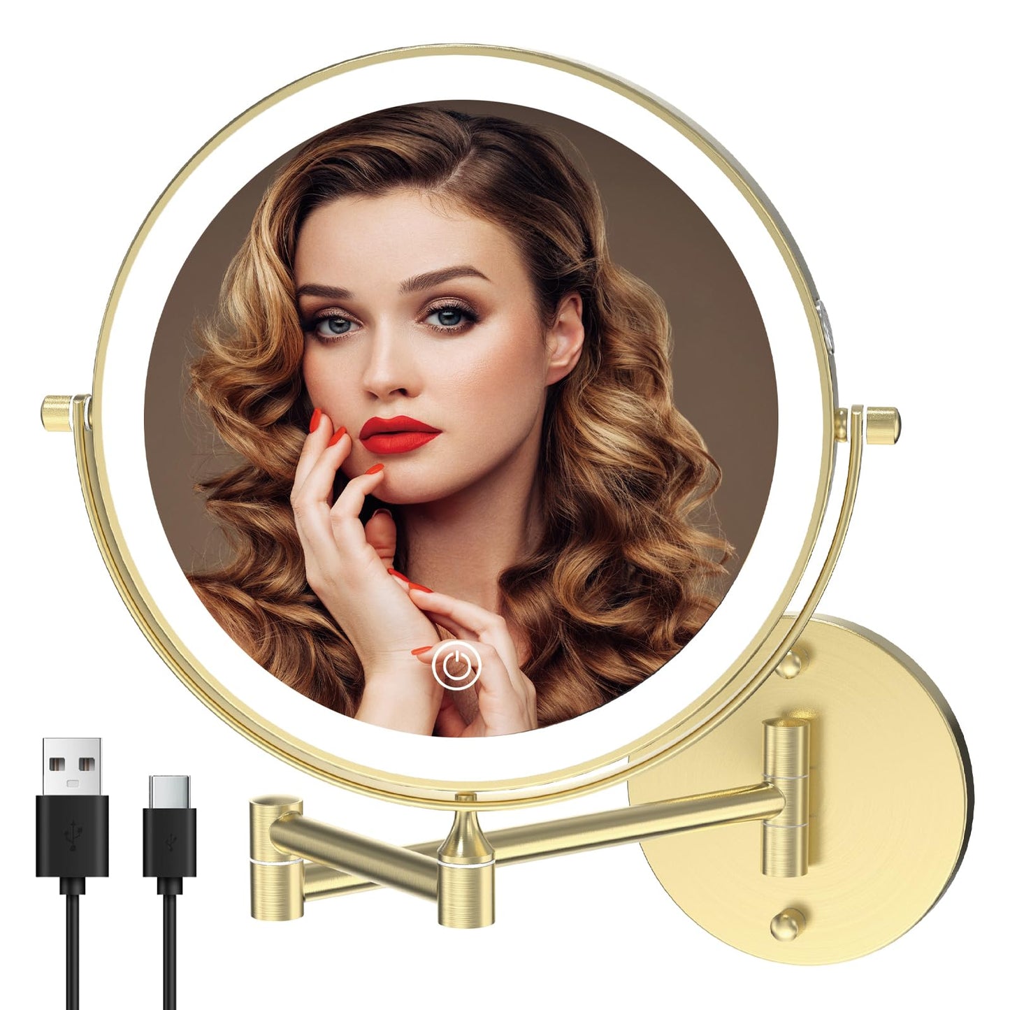 MIROAMZ Rechargeable Wall Mounted Lighted Makeup Vanity Mirror 8 Inch Double Sided 1X 10X Magnifying Bathroom Mirror, 3 Color Lighting, Touch Screen Dimming, 360 Rotation Shaving Mirror Gold