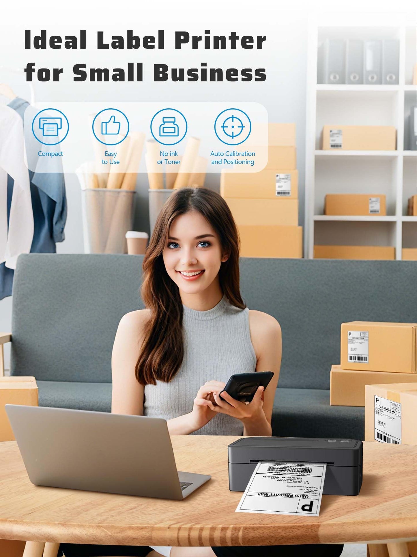 PKMHLXS Shipping Label Printer 4x6 Bluetooth Thermal Label Printer for Small Business, Warehouse or Home Office, Compatible with Windows iOS Android Mac, USPS Amazon Etsy