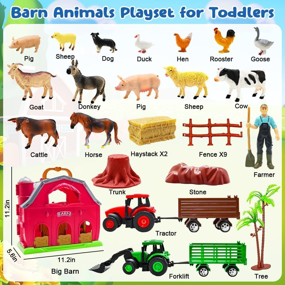 Red Barn Farm Animals Toy for Toddlers, Farm Figures Farmer Toy Truck with Trailer Preschool Learning Toys Christmas Birthday Gift for Boys Girls