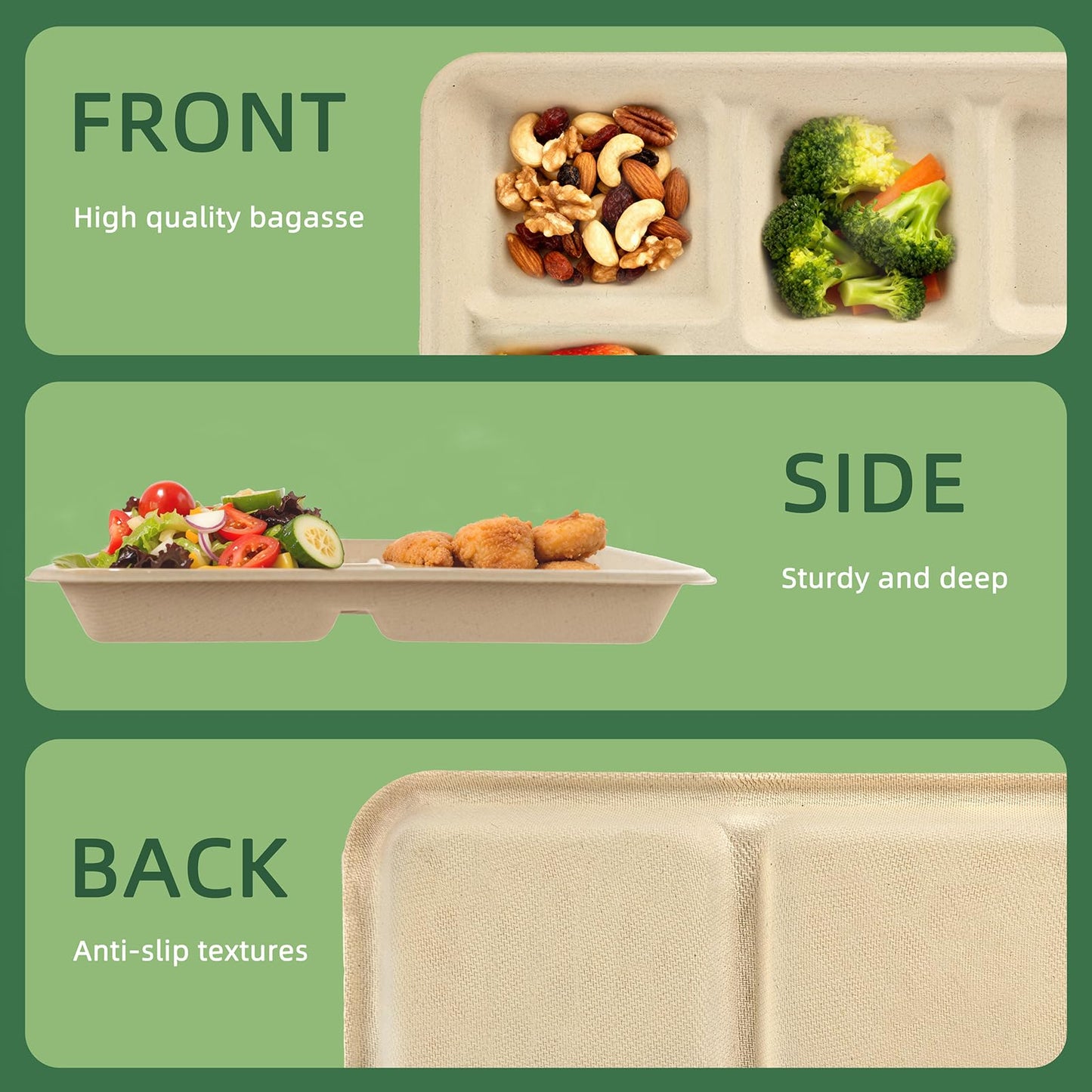 WELLIFE 100% Compostable 5 Compartment Paper Plates, 100 Pack Disposable School Lunch Trays Divided Plates for Adult Youth, 12.5 * 8.6 inch Heavy Duty Eco-Friendly Bagasse Plate for Buffet and Party