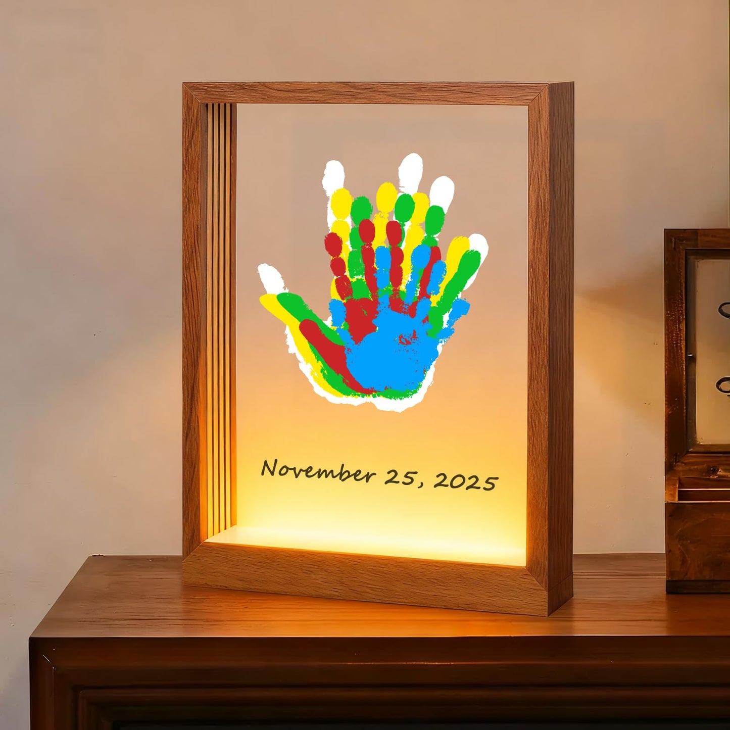 Bixinyo Family Handprint Kit with Light, Baby Hand and Footprint Keepsake Wooden Frame, Family Gifts for Mom, Women, New Parents, Mother's Day, Adoption Gifts, 5 Non-Toxic Paints (Light, Brown)