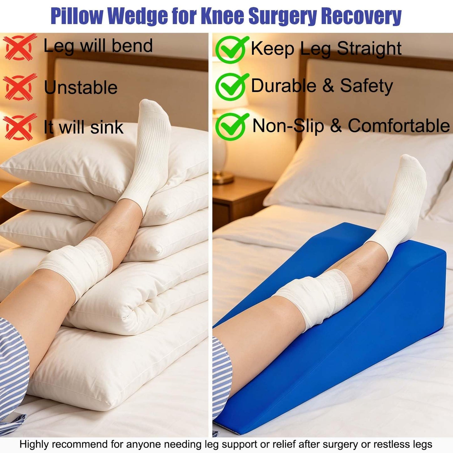 Litluxu Knee Surgery Pillow Straight Leg | Leg Pillow Elevation Blood Circulation | Foam Wedge for Elevating Leg Machine Washable Removable Cover | Knee Wedge Pillow Post Surgery