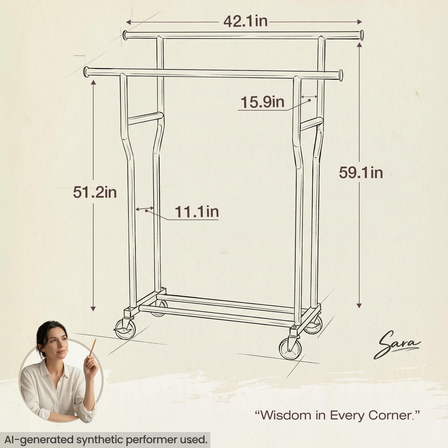 WATIOWL Clothes Rack, Double Rods Rolling Clothing Rack for Hanging Clothes Load 260 LBS Closet Rack with Wheels, Metal Portable Garment Rack for Bedroom Laundry Living Room, Black