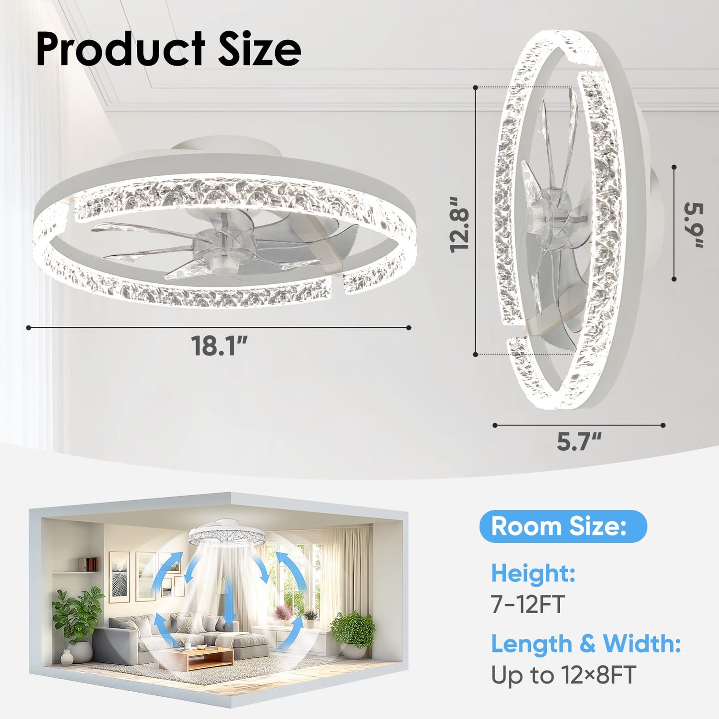 Ceiling Fans with Lights，18" Low Profile Ceiling Fan with APP and Remote Control, 3000-6000K & Brightness Dimmable Fandelier Flush Mount LED Fan Light For bedroom,office Living room- Diamond White