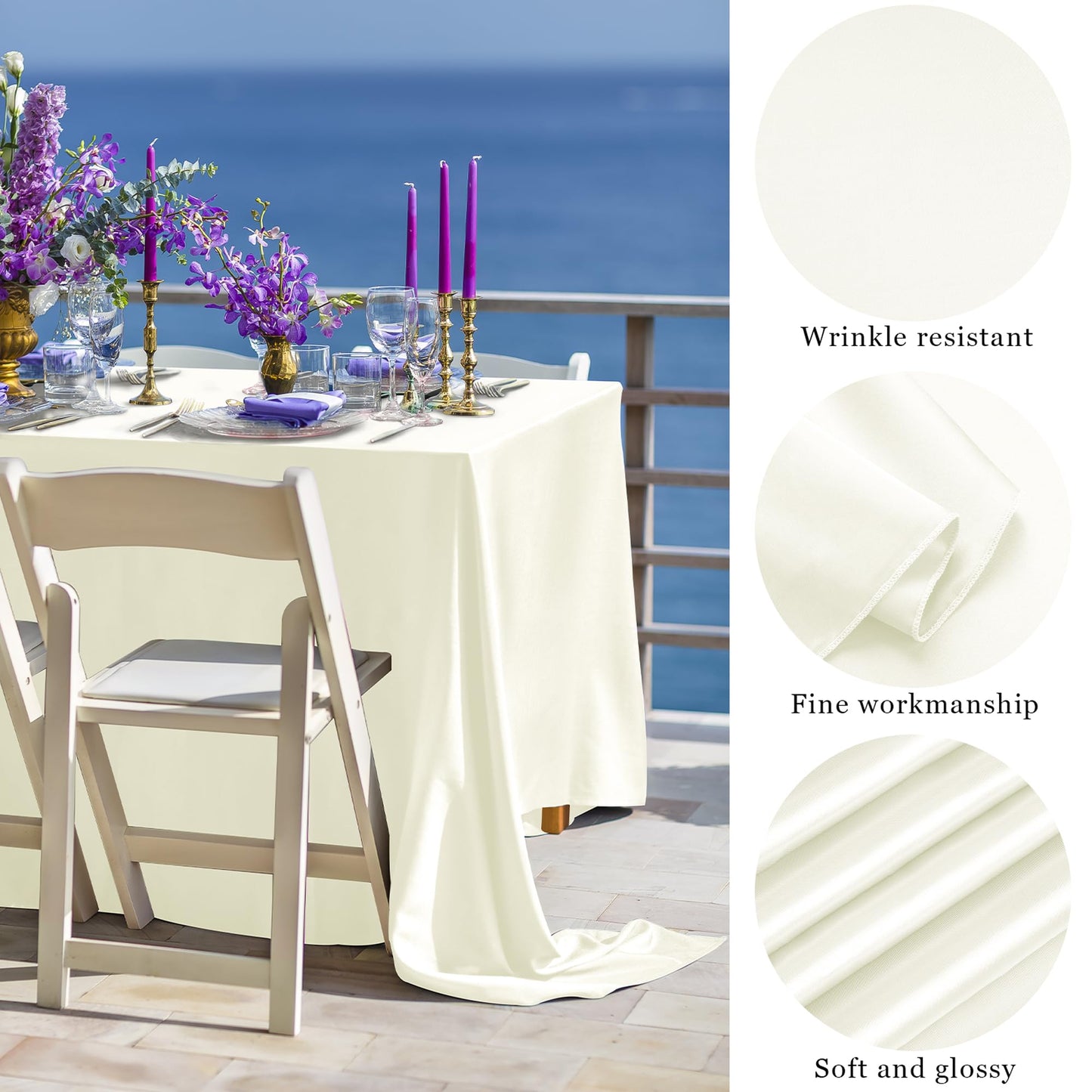 TURSTIN 8 Packs Ivory Satin Tablecloth 102 x 58 Inch Overlay Satin Table Cover Rectangle Bright Silk Tablecloth Smooth Fabric Table Decoration for Wedding Banquet Party Events