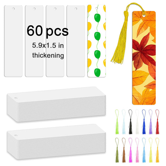 60 Pcs Sublimation Bookmark Blank 5.9"X1.5" X0.65mm Heat Transfer Aluminum Metal Bookmarks Bulk DIY Bookmarks with Hole and Colorful Tassels for Crafts,Personalized Tassels Blank Bookmarks