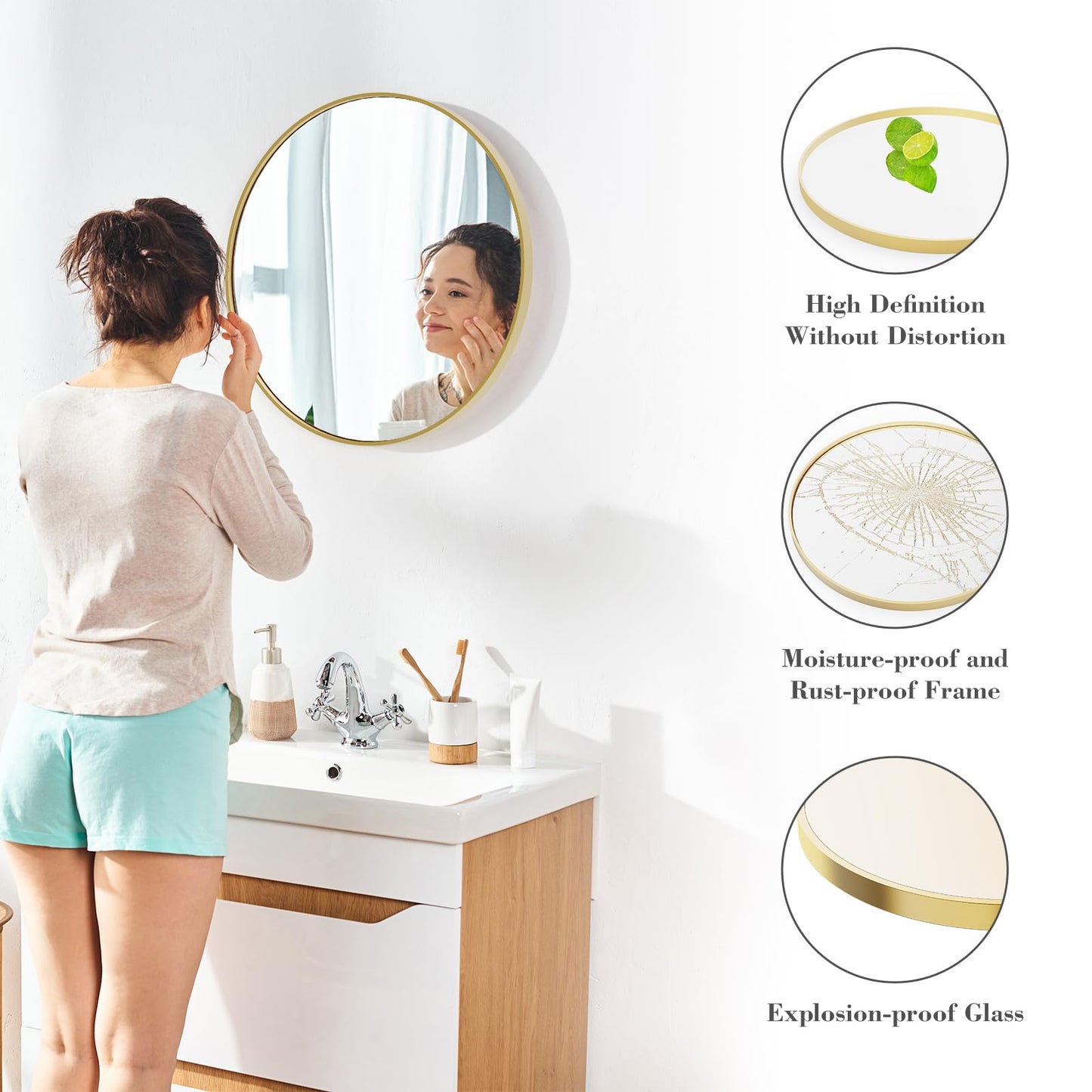 Sweetcrispy 24 Inch Round Wall Mirror with Tempered Glass, Bathroom Mirror Over Sink, Anti-Fog & Waterproof Round Mirrors for Bathroom, Entryway, Bedroom, Shatterproof Design, Gold