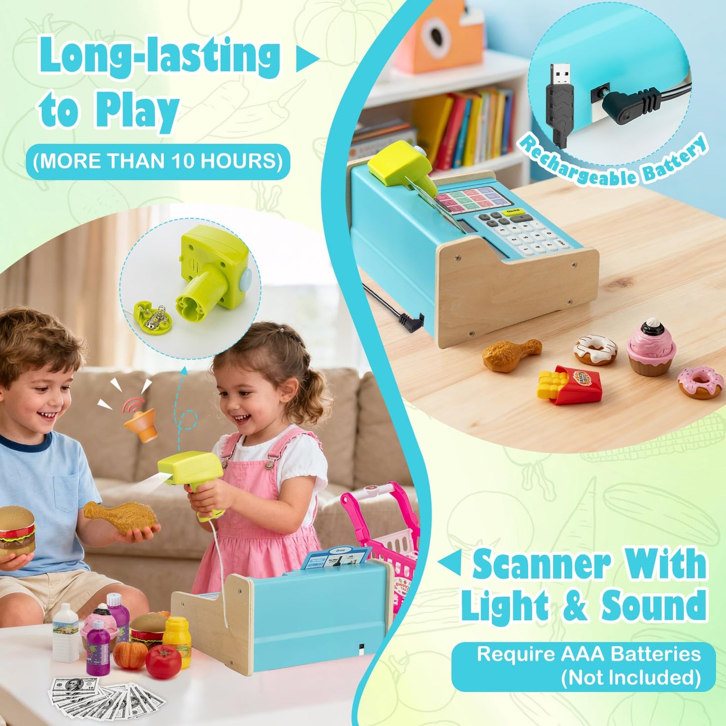 Wooden Cash Register for Kids with Shopping Cart Rechargeable Kid Cash Register with Scanner Gift for Kid Age 3 4 5 6 7 8 9 Year Old Pretend Play for Toddlers Toys for 3-12 Year Old Kids