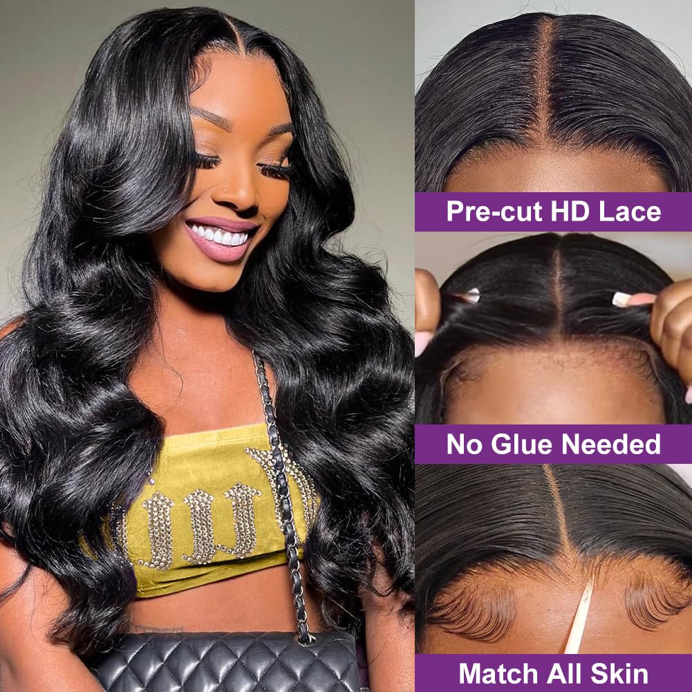 Daveila Body Wave Glueless Wig Human Hair Pre Plucked Pre Cut Glueless Lace Front Wig Ready to Wear 6x4 Body Wave Closure Wig Human Hair 180% Density Body Wave Pre Plucked Wig Natural Hairline 12 Inch