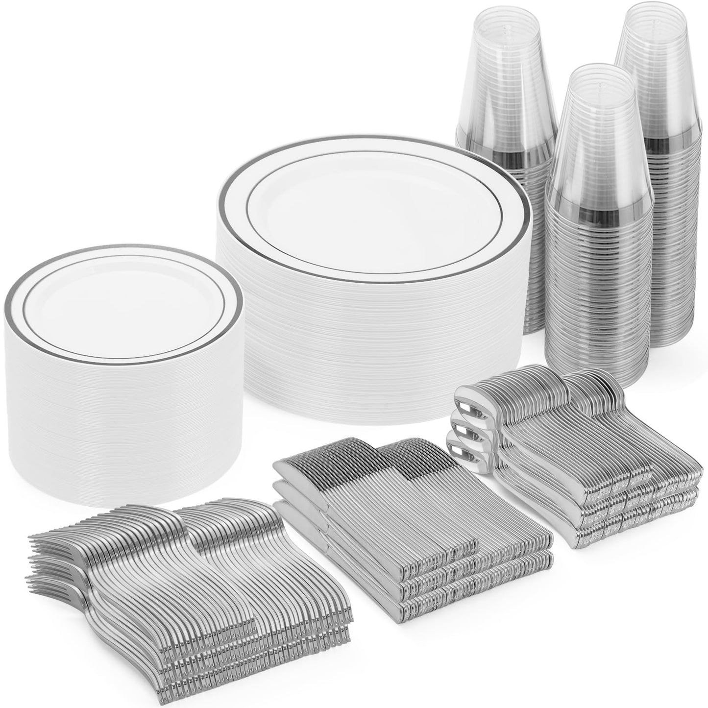 Goodluck 420Pieces silver Disposable Plates for 70 Guests, Plastic Plates for Party, Dinnerware Set of 70 Dinner and 70 Dessert Plates, 70 Spoons, 70 Forks, 70 Knives, 70 Cups
