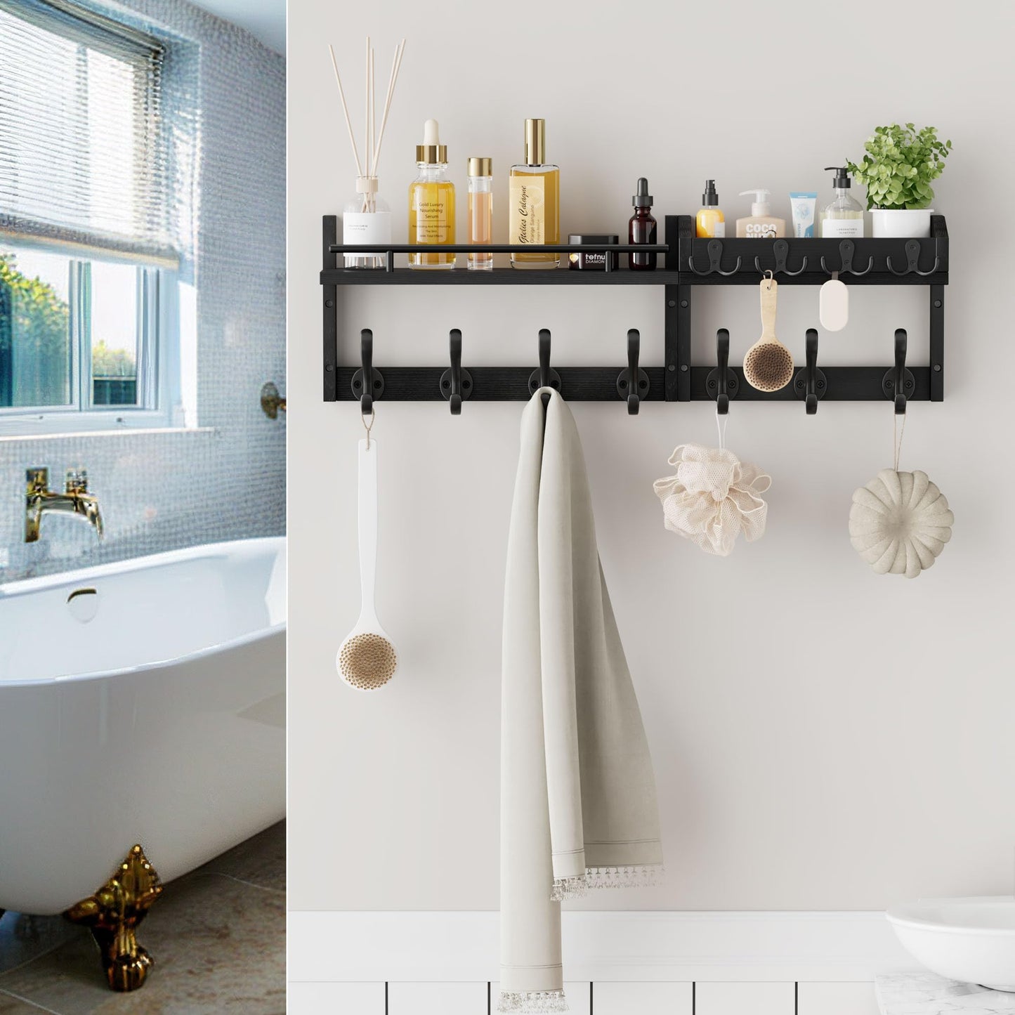 Segtenant 29 inch Coat Rack Wall Mount with Shelf, Heavy Duty Coat Hooks Wall Mount, Entryway Coat Hanger Wall Shelf with Key Holders and Mail Organizer for Living Room, Bedroom, Bathroom, Black