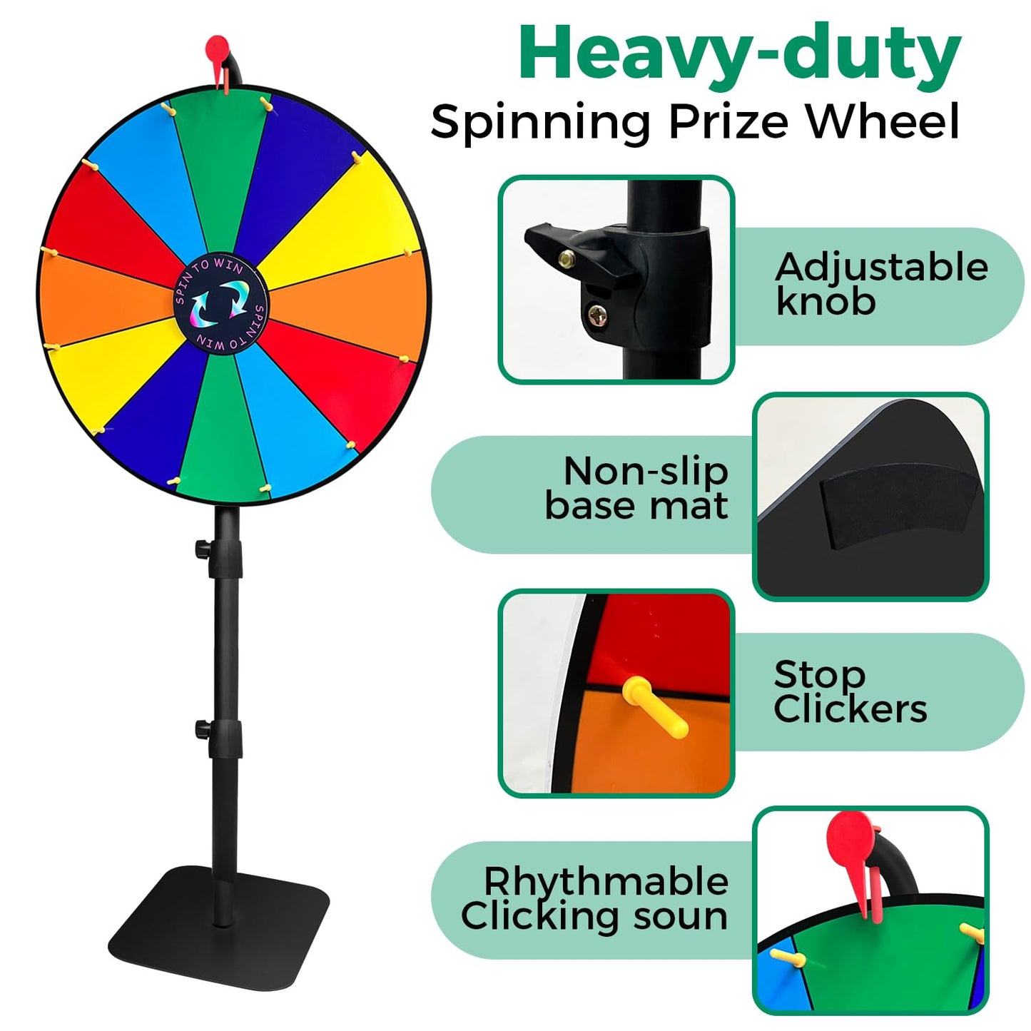 24 Inch Heavy Duty Spinning Prize,Ajustable 34"-61" Height Spinning Wheel for Prizes,12 Slots & Dry Erase Marker & Eraser for Carnival,Wheel of Fortune Game Carnival & Engaging Home Parties,Tradeshow