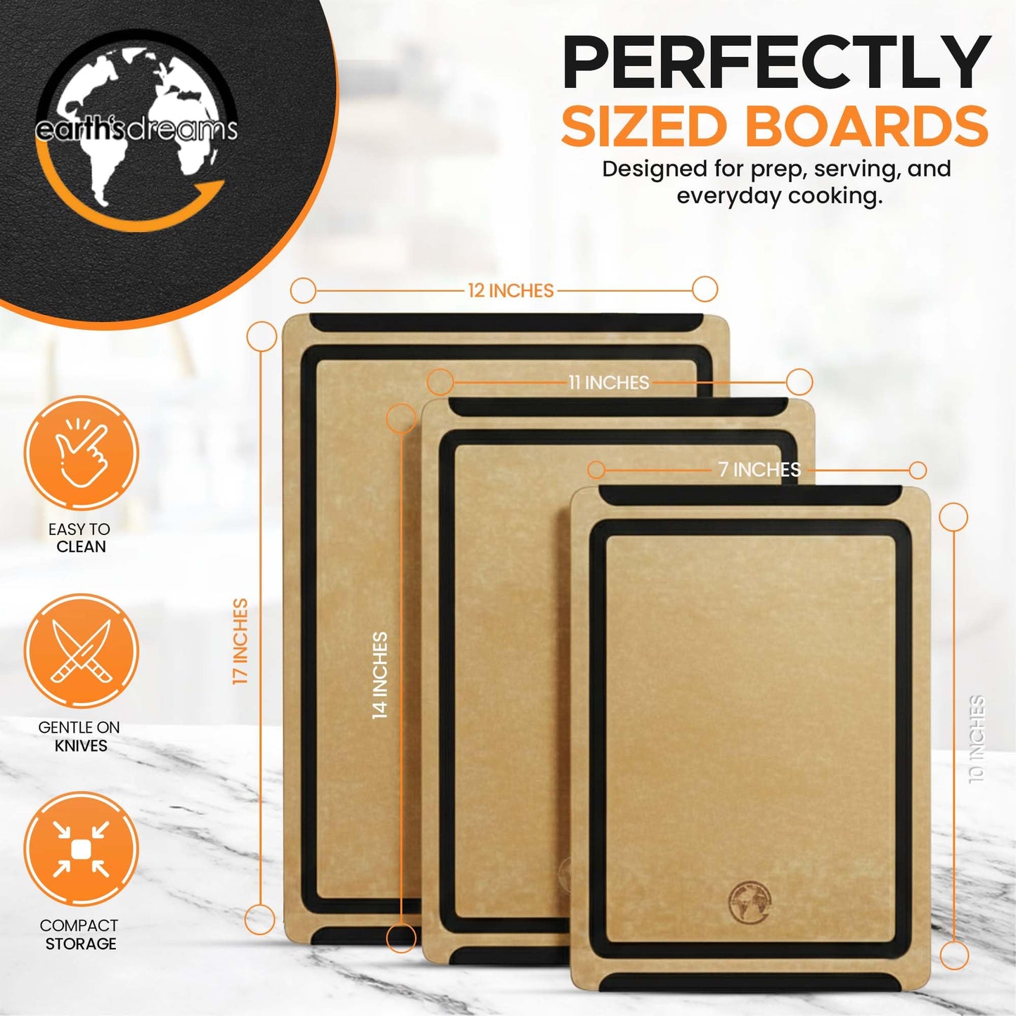 Earth's Dreams Composite Wood Cutting Board Set of 3 – Built In Juice Groove, Dishwasher Safe,Cutting Boards for Kitchen – Large, Medium & Small Non-Slip Wood Charcuterie & Chopping Boards (Tan/Black)