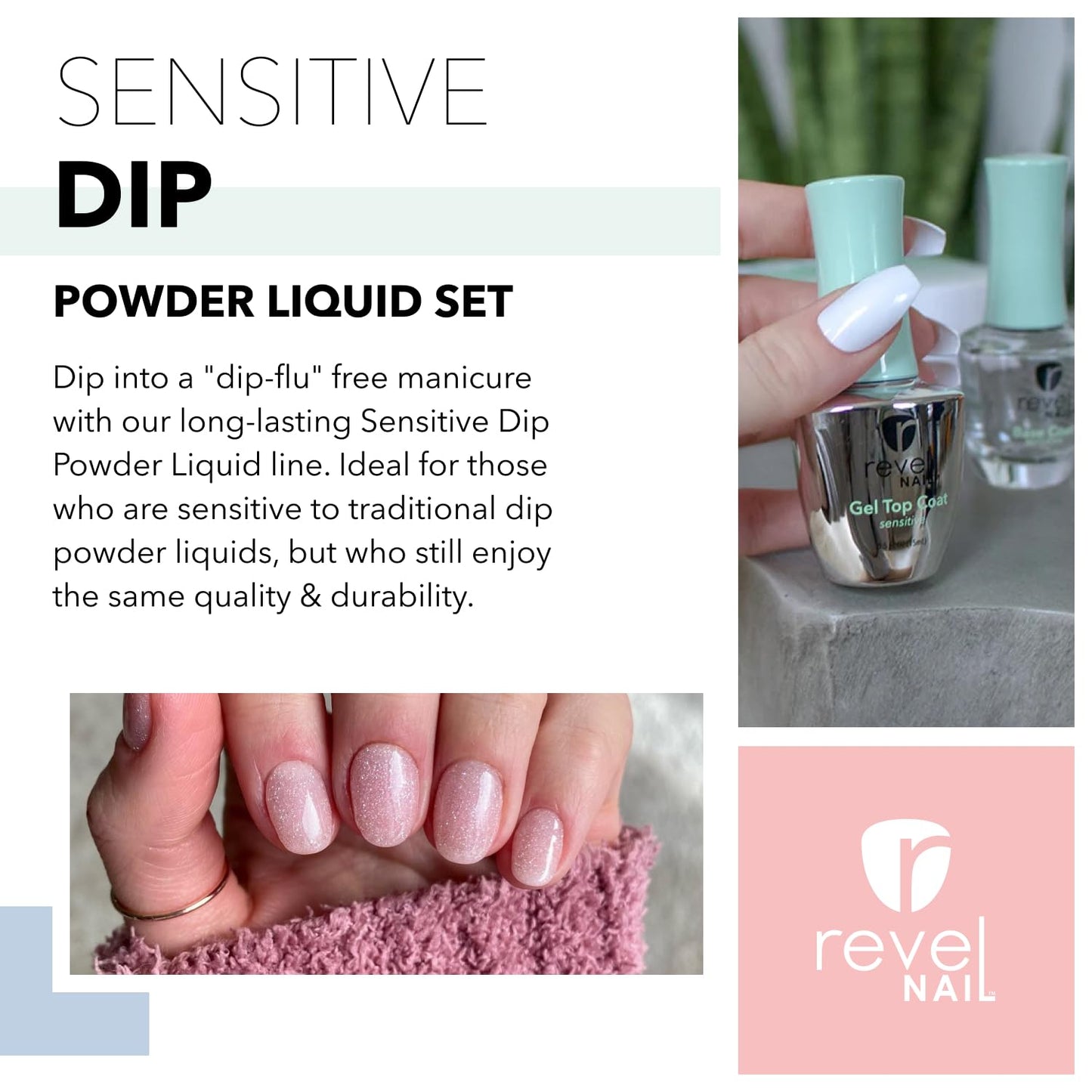 Revel Nail Sensitive Dip Powder Liquid Set - Dip Powder Base Coat, Dip Powder Activator, Gel Top Coat, Hema Free, Suitable for Sensitive Nails